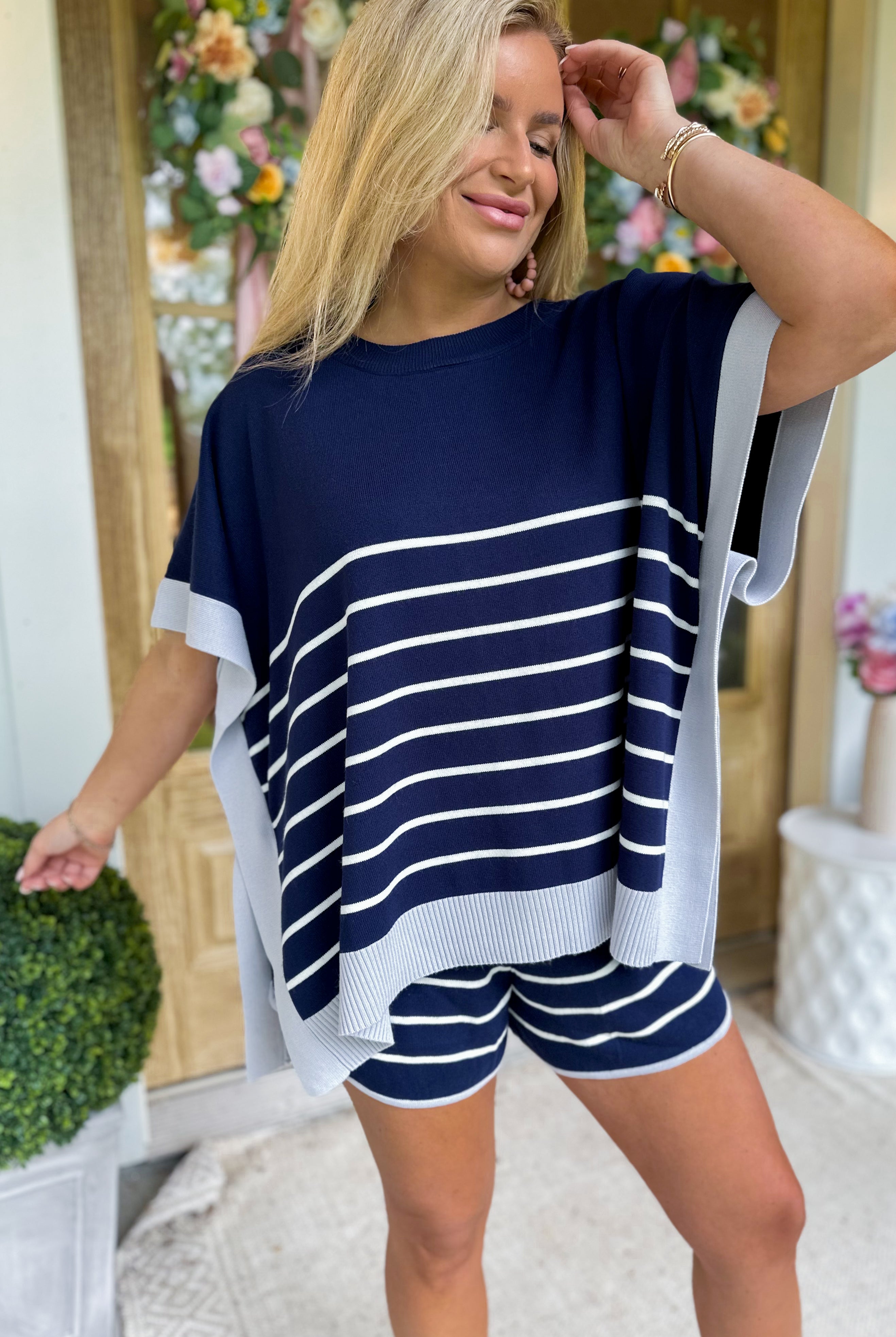 Christie Stripe Poncho Style Top and Short Two Piece Set - Be You Boutique