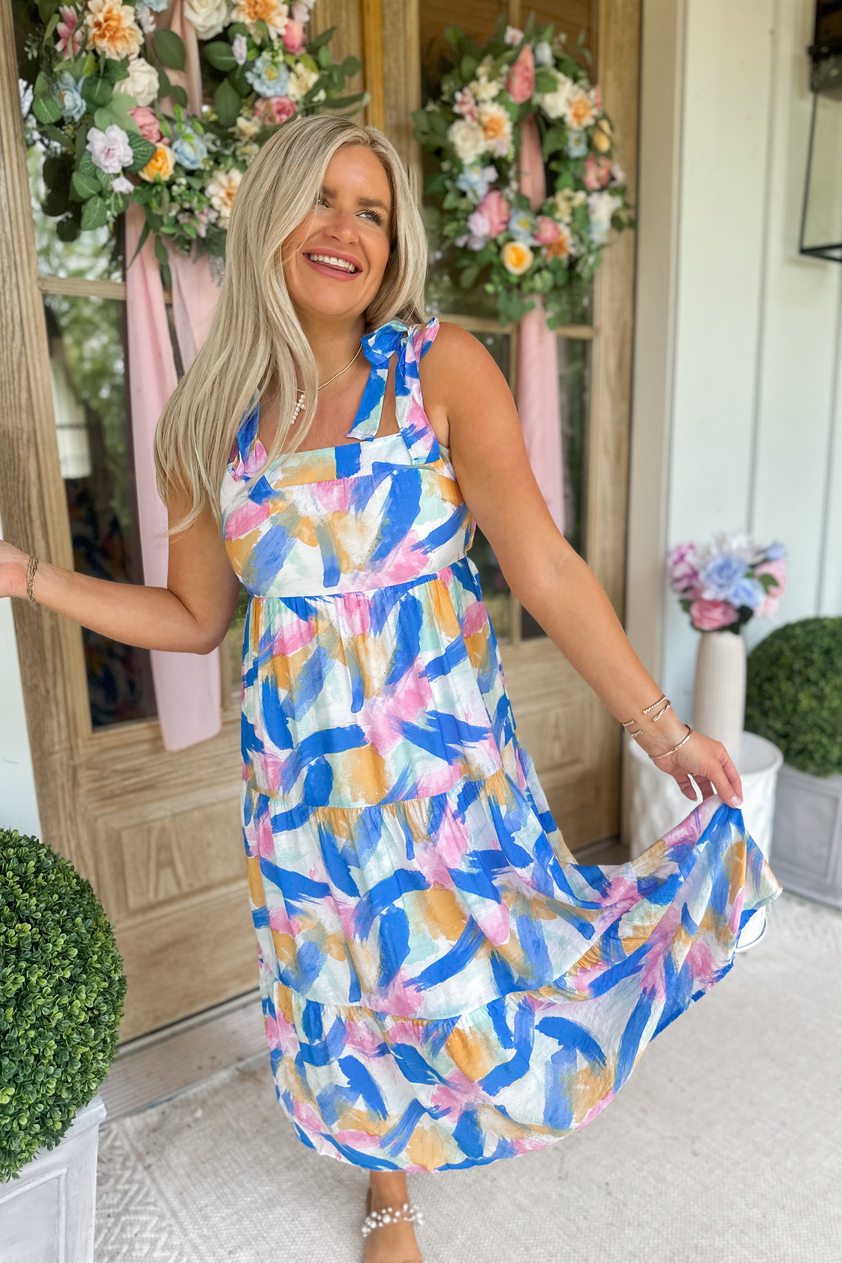 Clint Brush Stroke Print Tiered Midi Dress - Be You Boutique