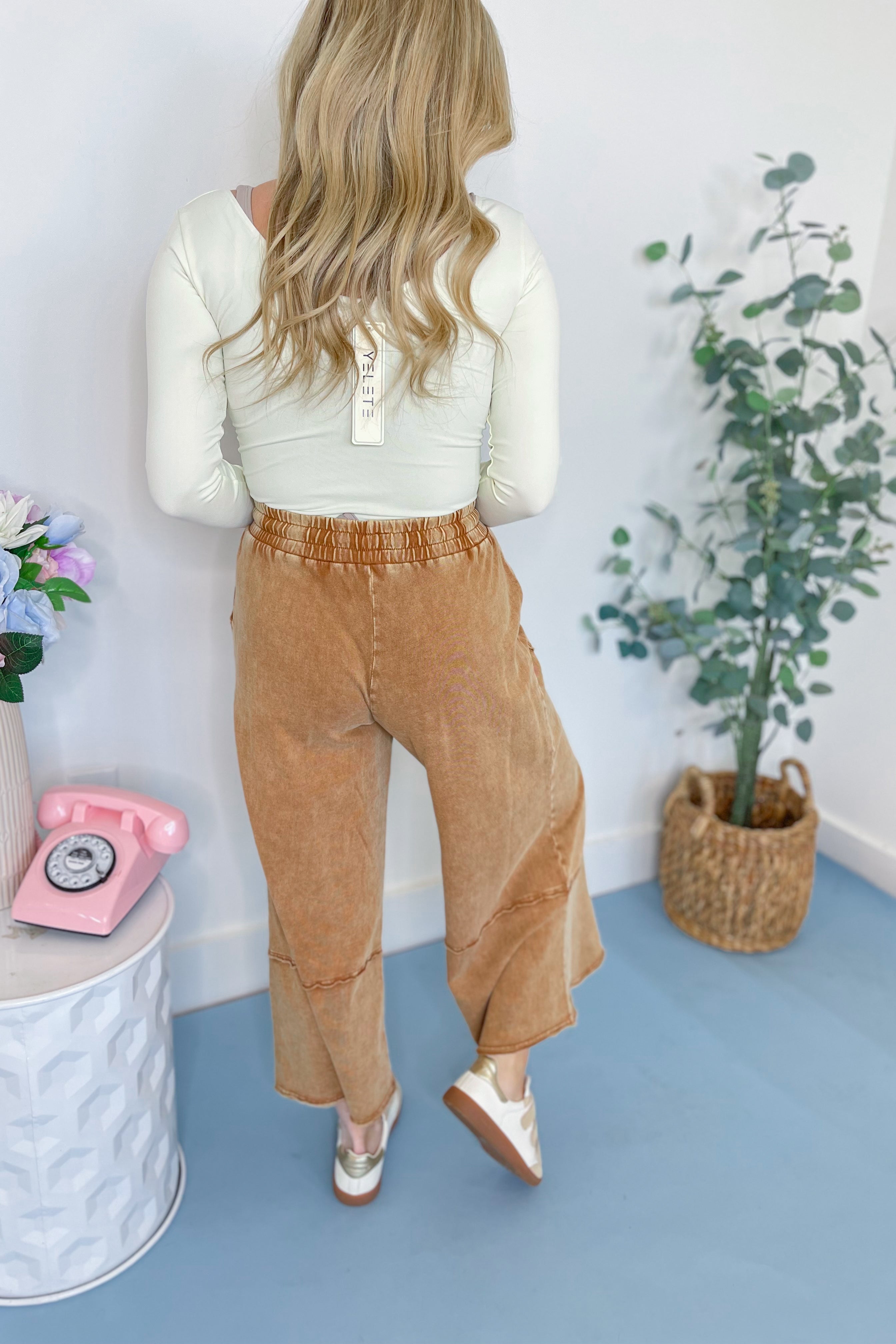 Laura Floral Detail Mineral Washed Terry Knit Wide Leg Pants - Be You Boutique