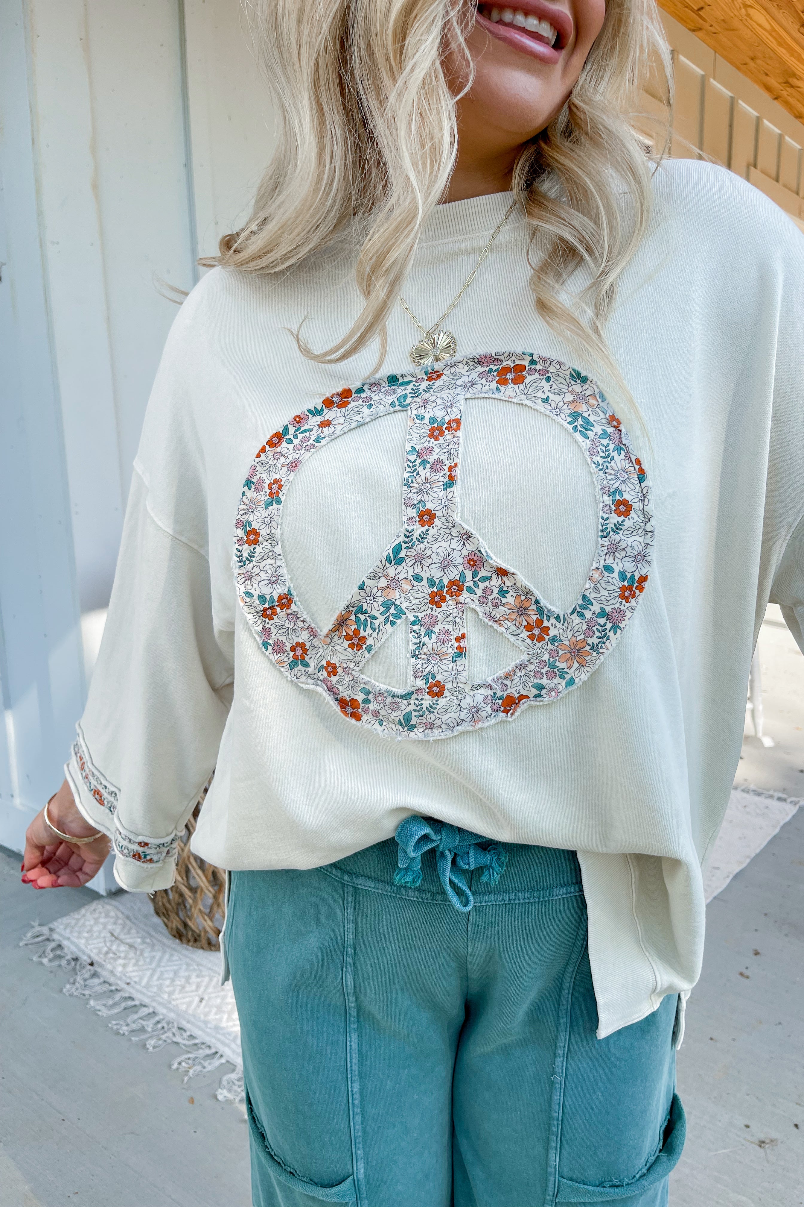 Jacob Washed Terry Floral Peace Sign 3/4 Sleeve Pullover Top - Be You Boutique