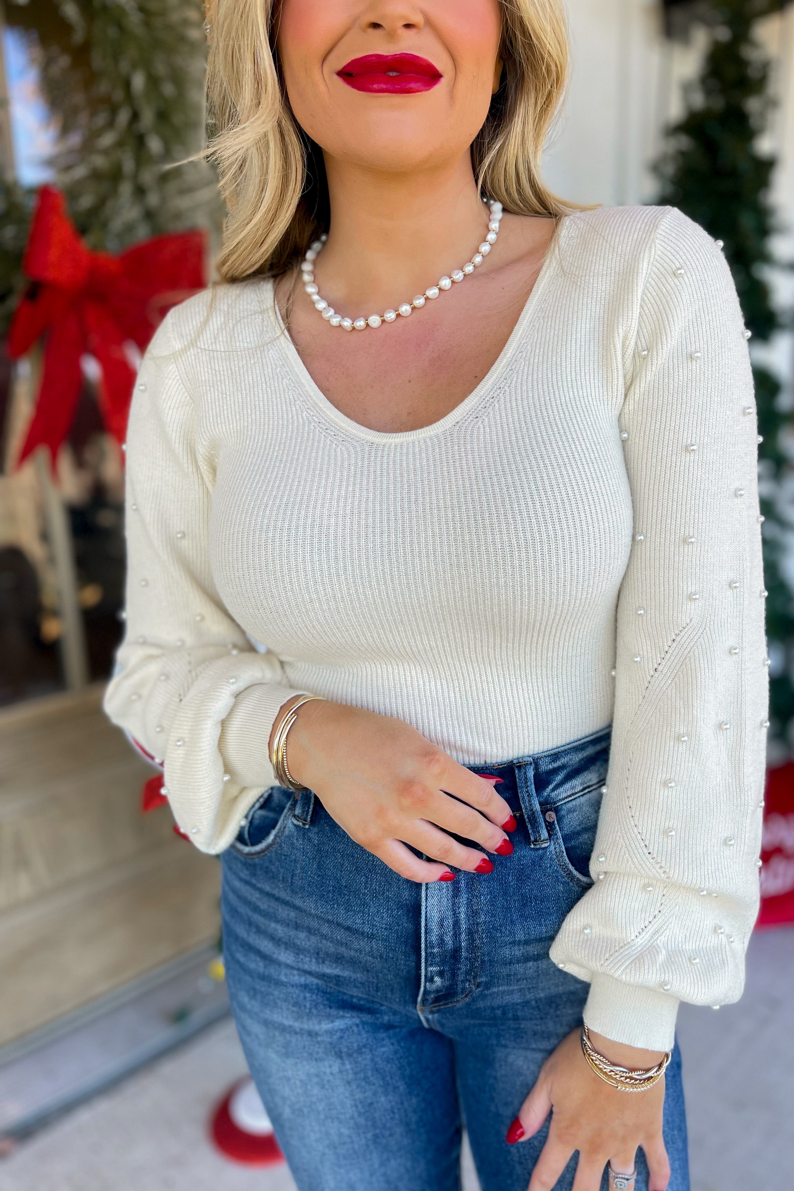 Chrissy Pearl Beaded Long Sleeve Sweater Bodysuit (4 colors) - Be You Boutique