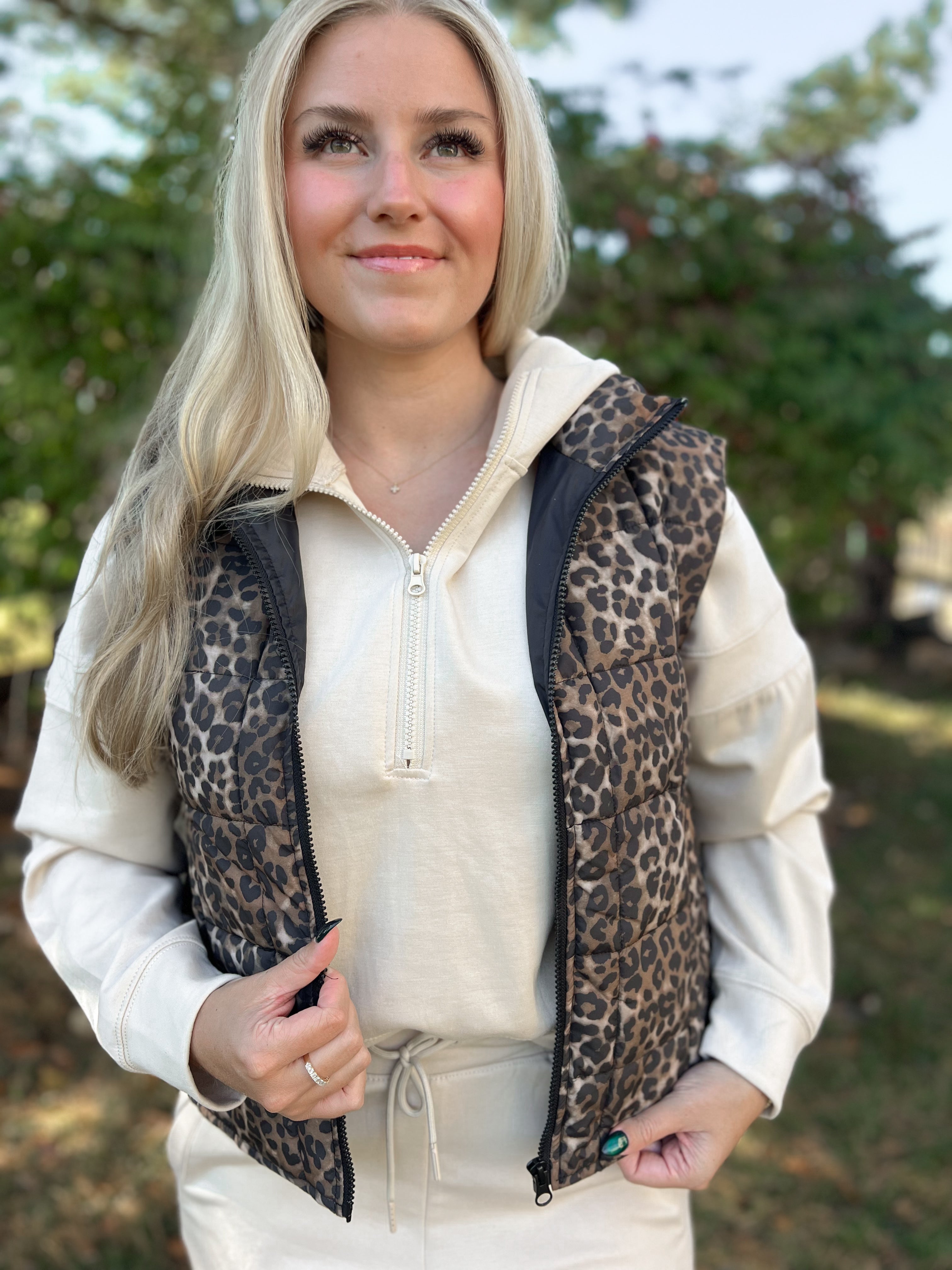 Helena Animal Print High Neck Zip Up Quilted Vest - Be You Boutique