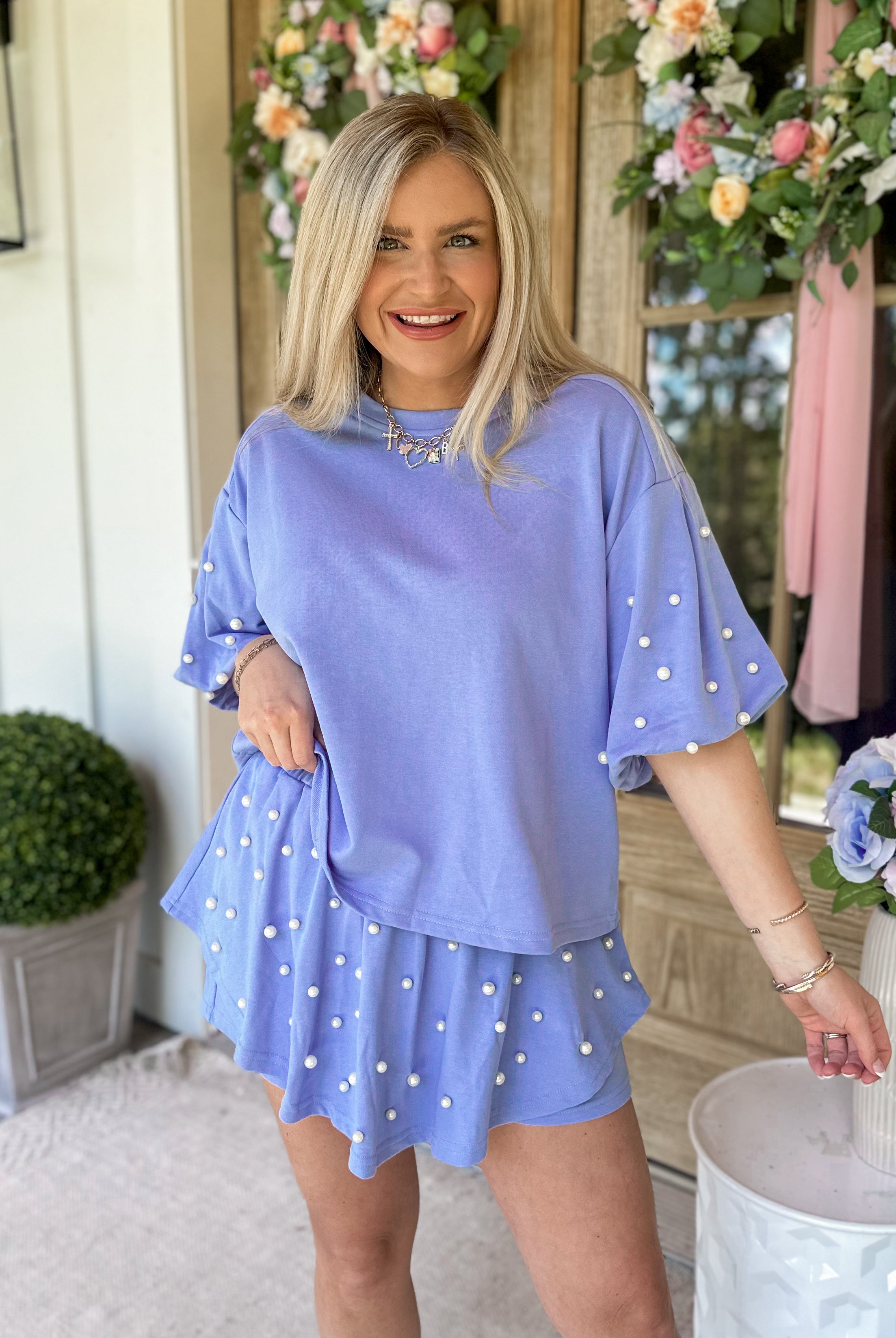 Oliver Pearl Overlay Detail Short Sleeve Top and Short Two Piece Set - Be You Boutique