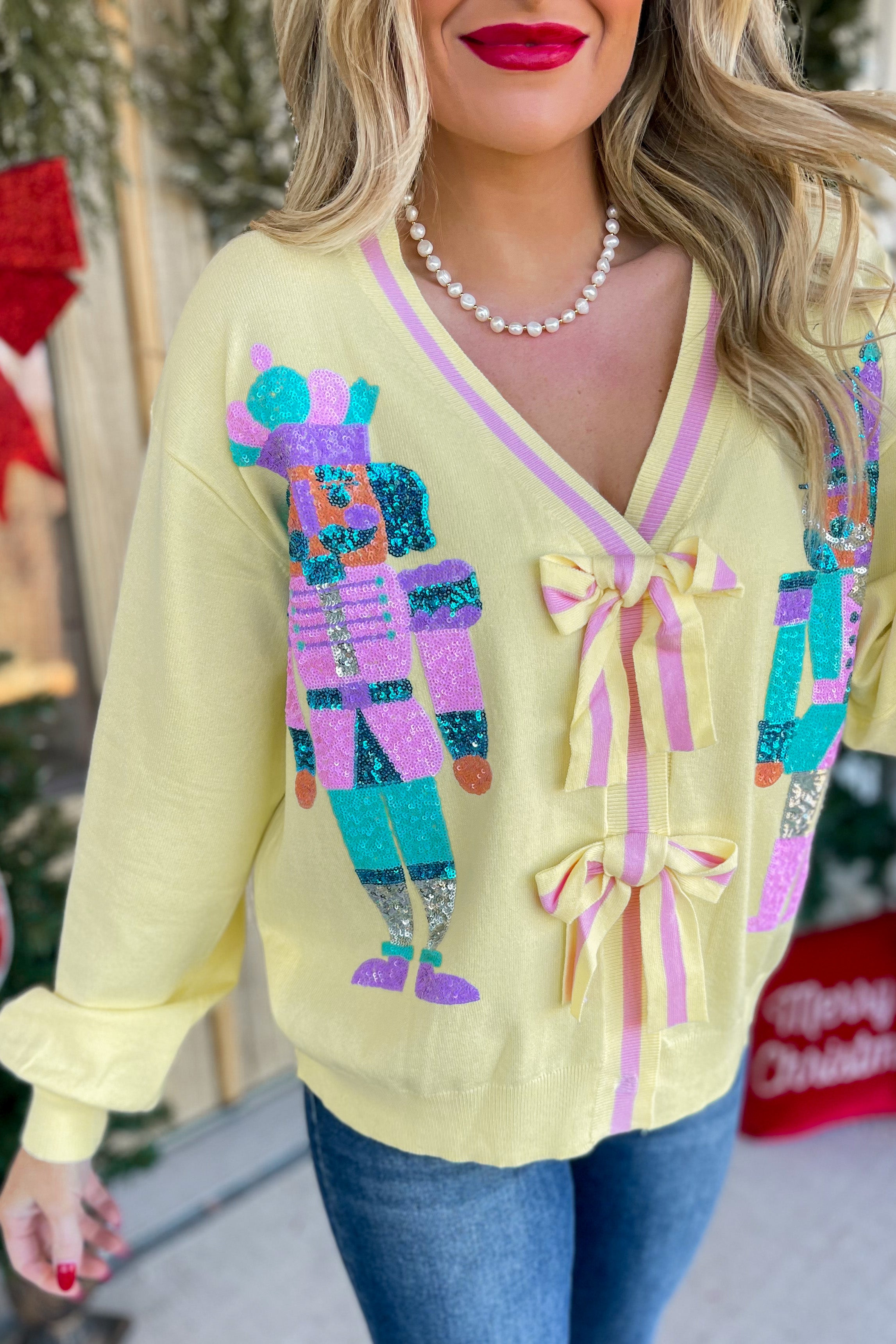 Sequin Nutcracker Bow Detail Cardigan Sweater - Be You Boutique