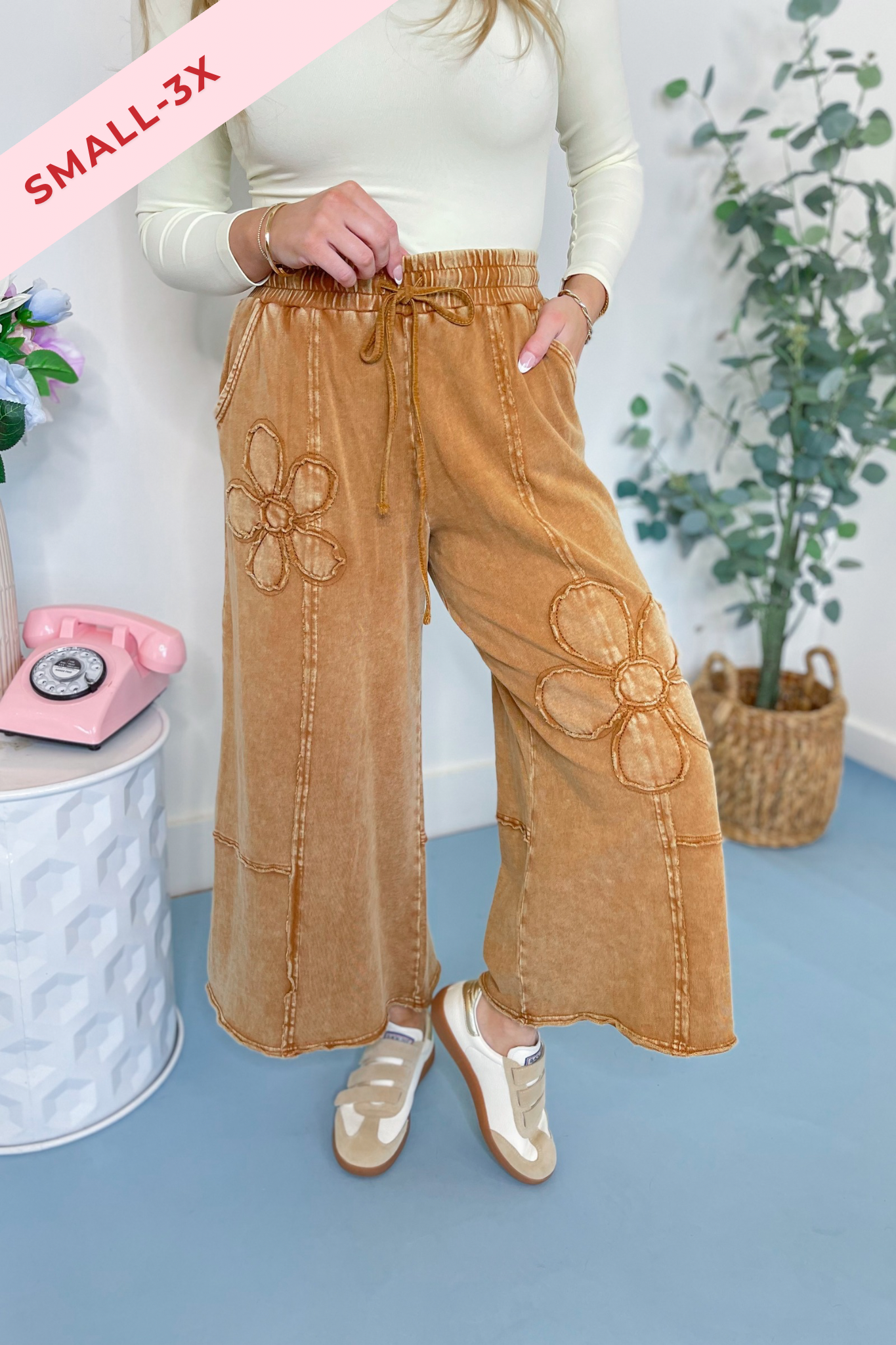 Laura Floral Detail Mineral Washed Terry Knit Wide Leg Pants - Be You Boutique