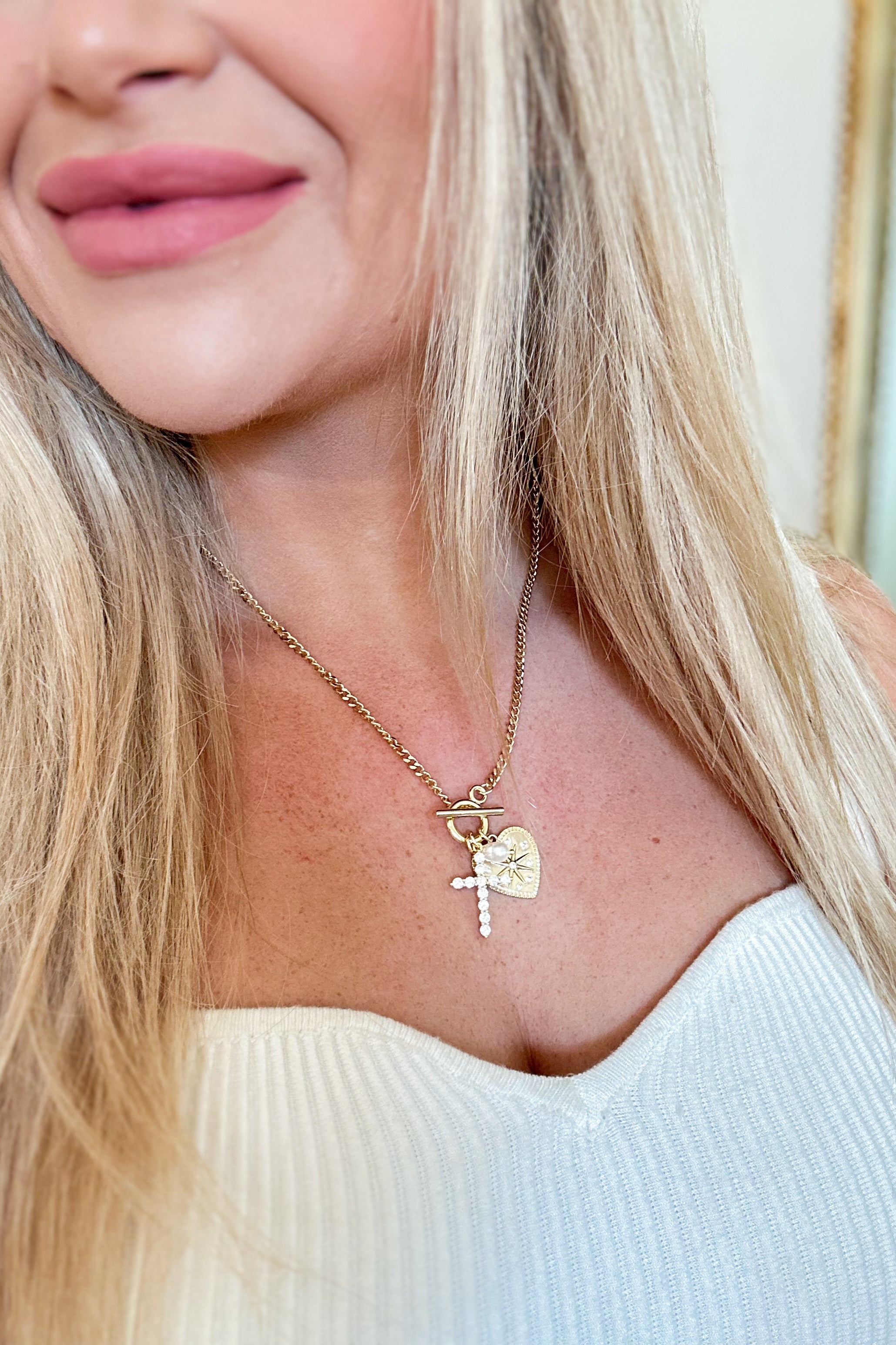 Treasure Jewels Crystal Heart and Cross Charm Necklace - Be You Boutique