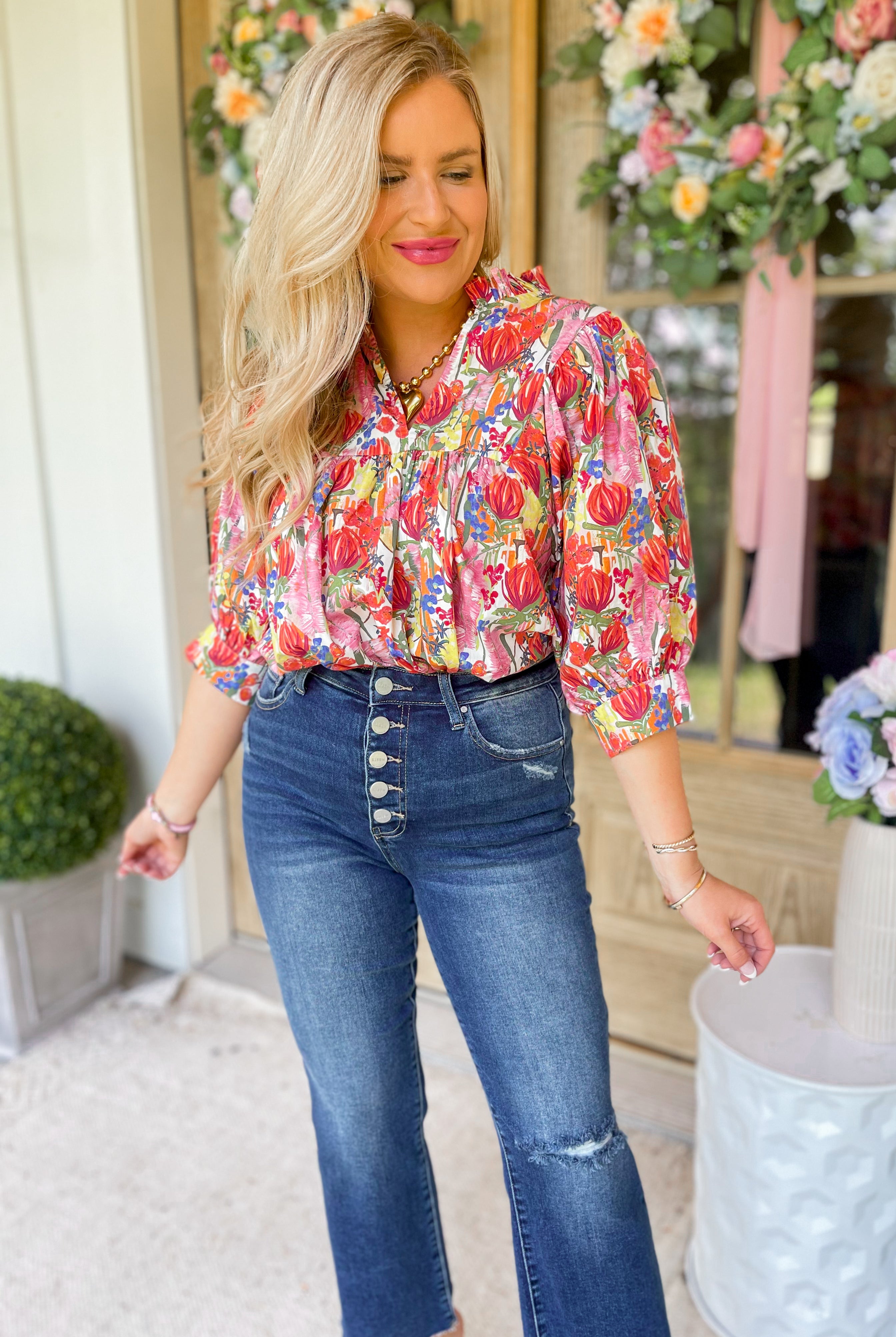 Reed Floral Print Half Sleeve Top - Be You Boutique