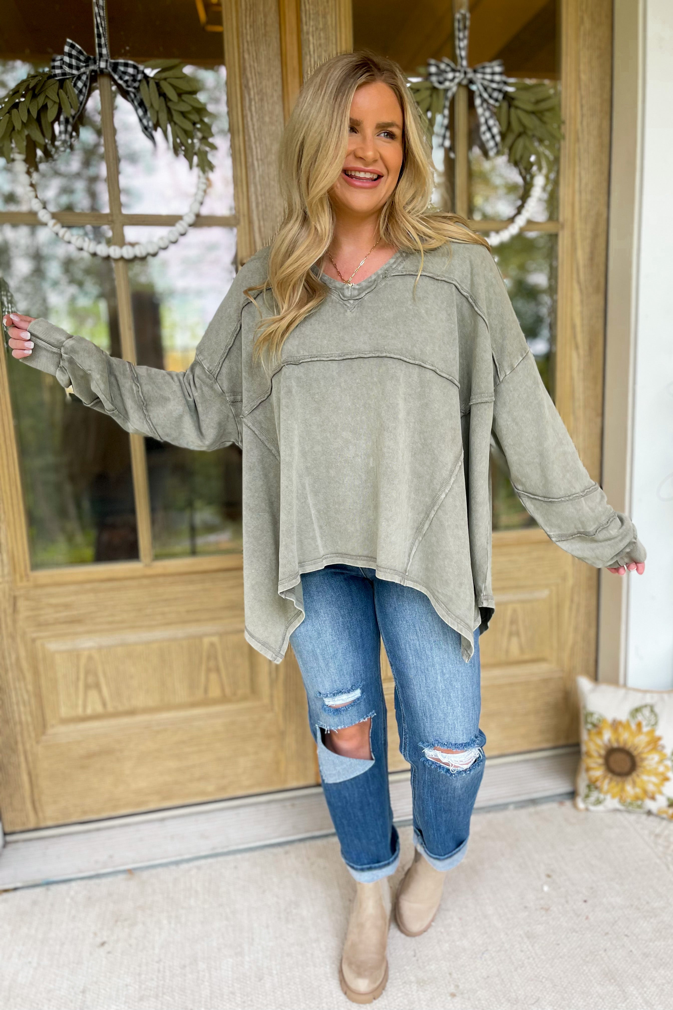 Ezra Terry Washed Knit V Neck Long Sleeve Top - Be You Boutique