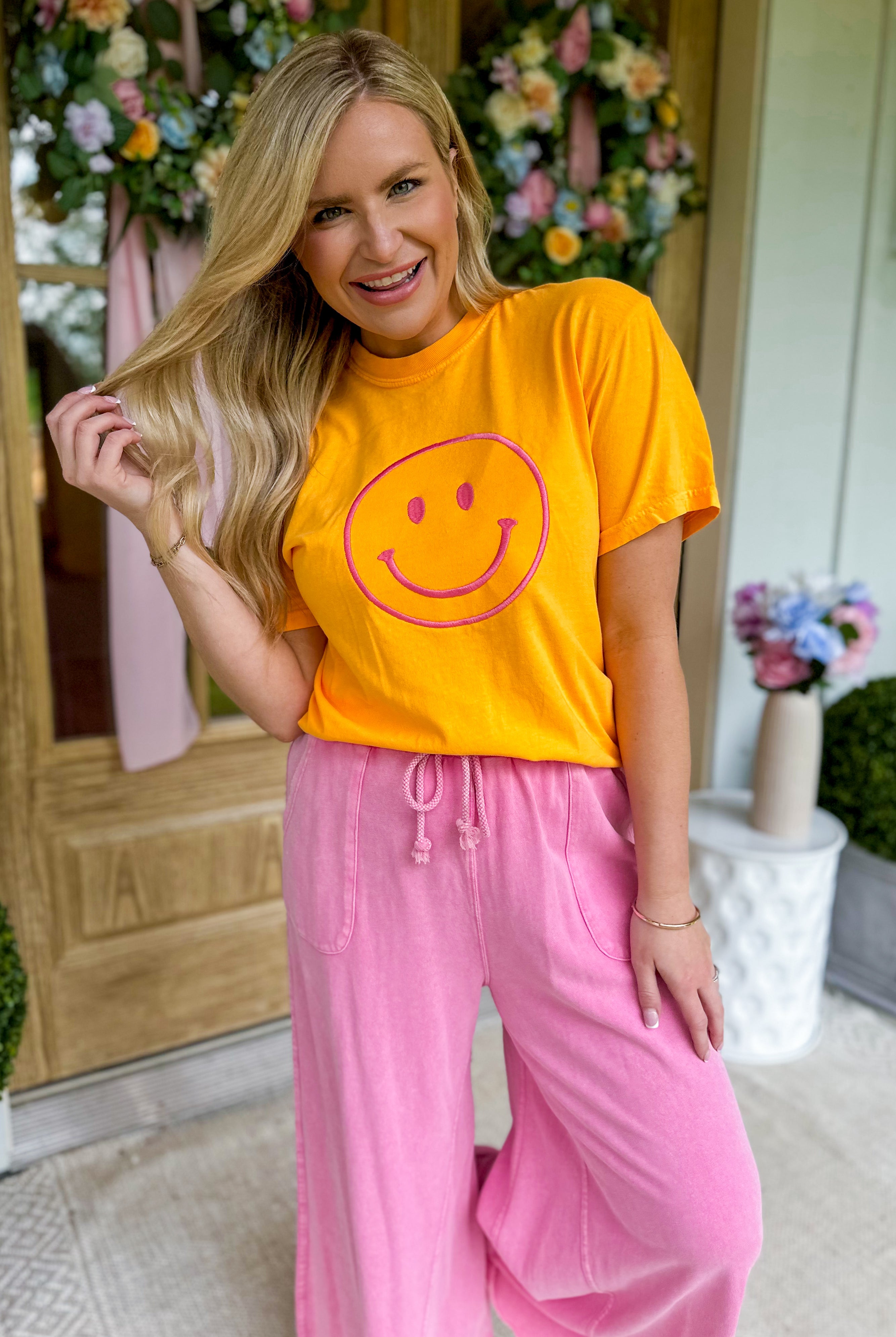 Happy Face Embroidered Comfort Colors Tee - Be You Boutique