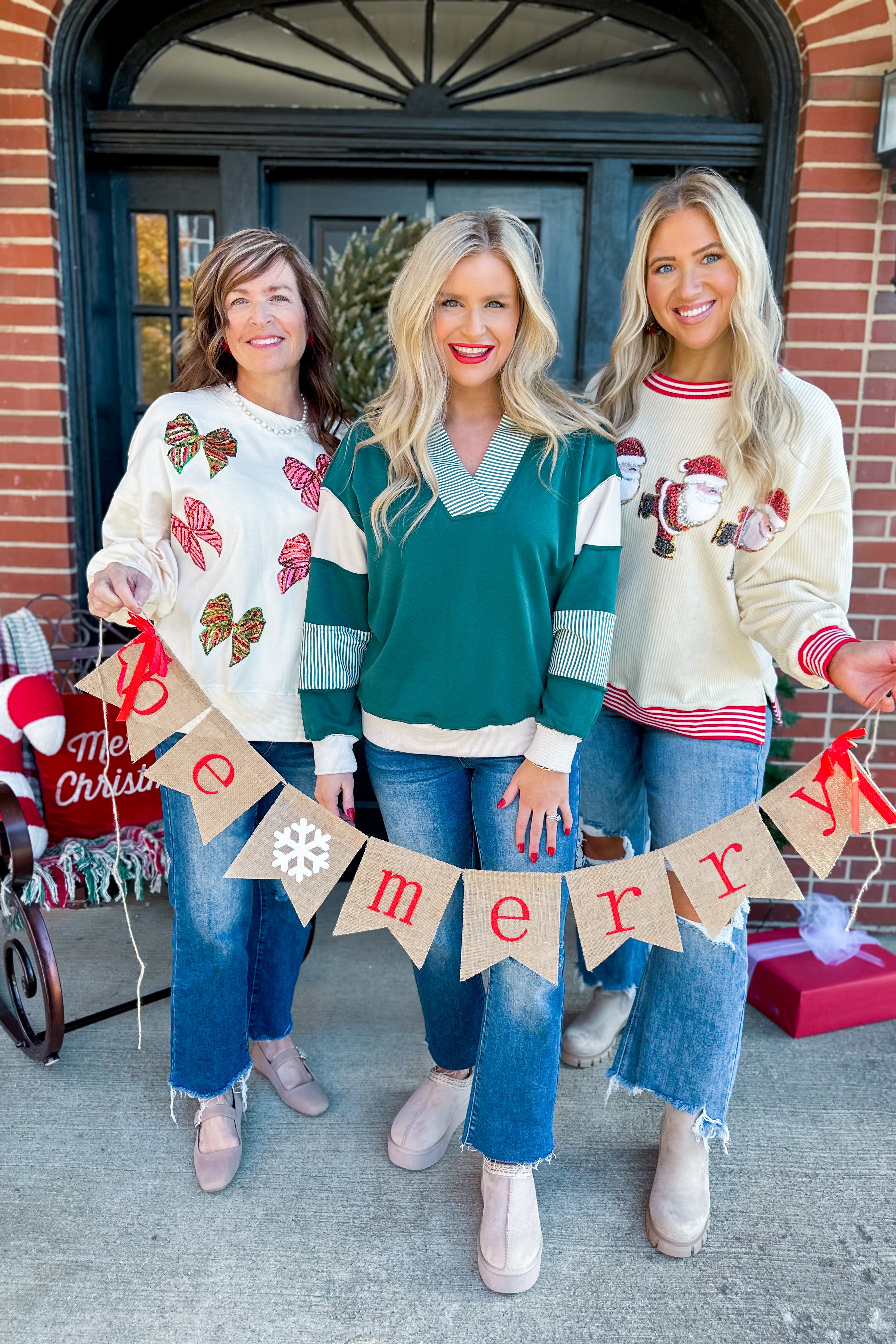 Holiday Santa Knit Corduroy and Sweater Sequin Detail Top - Be You Boutique