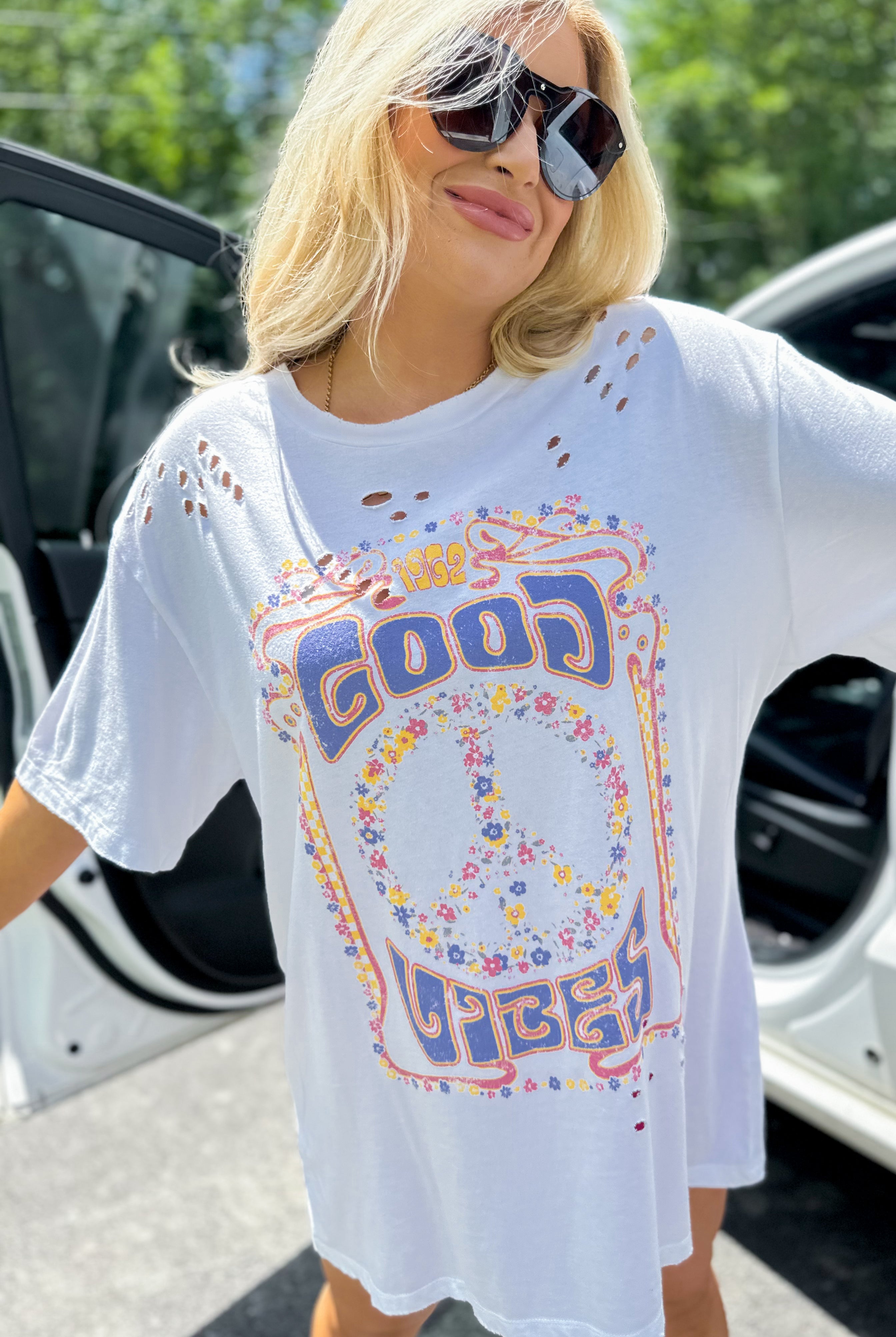 Good Vibes Floral Peace Oversized Short Sleeve Graphic Tee - Be You Boutique