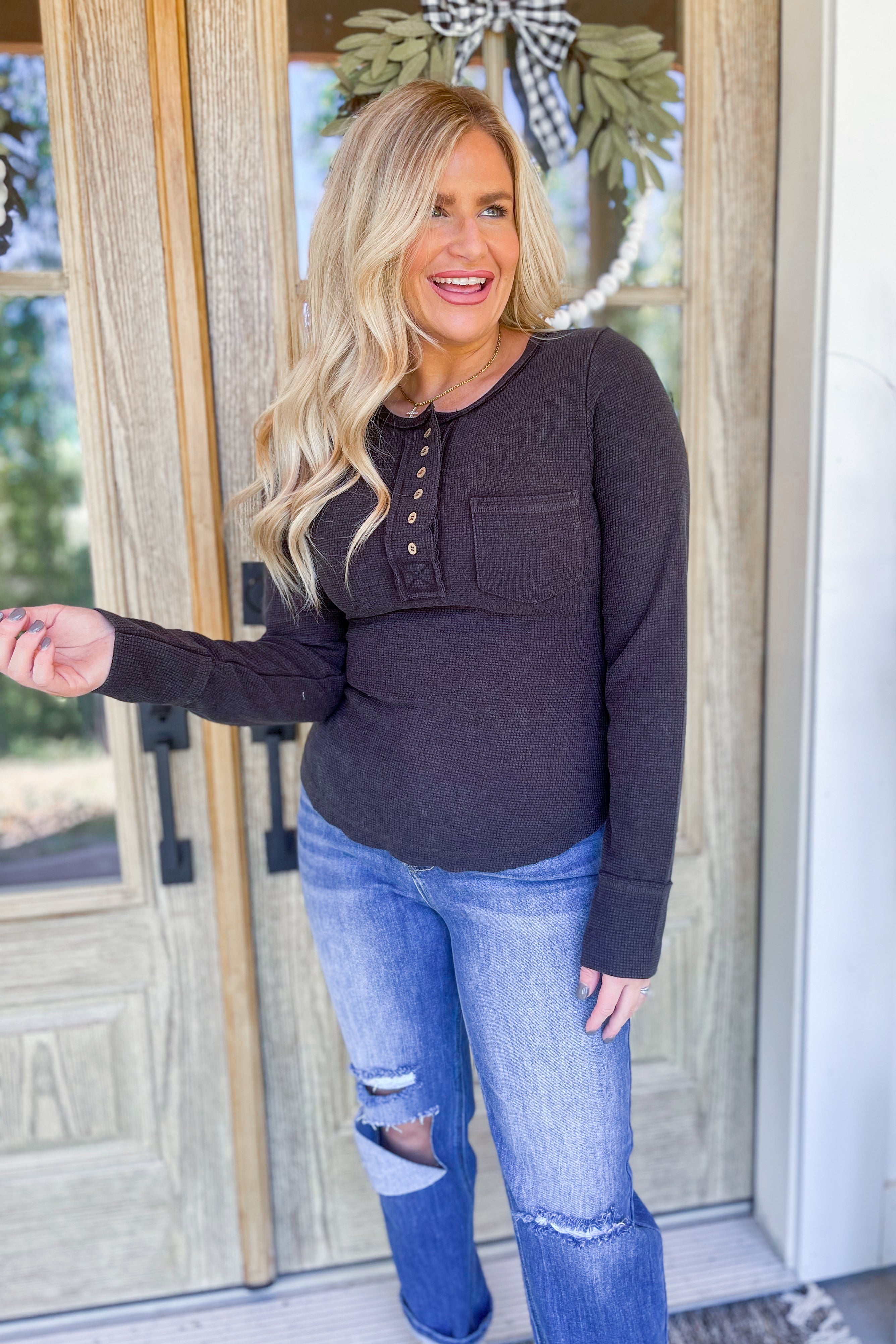 Shelby Button Down Washed Long Sleeve Waffle Knit Top - Be You Boutique