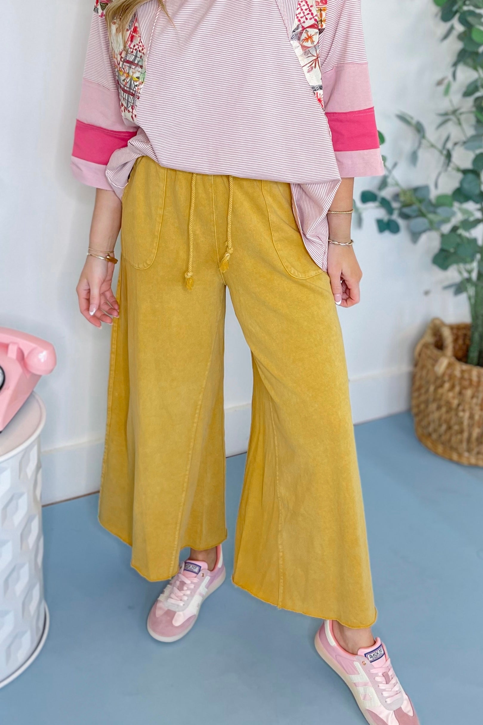 Rachel Washed Terry Knit Wide Leg Pant Bottom [S-3X] - Be You Boutique