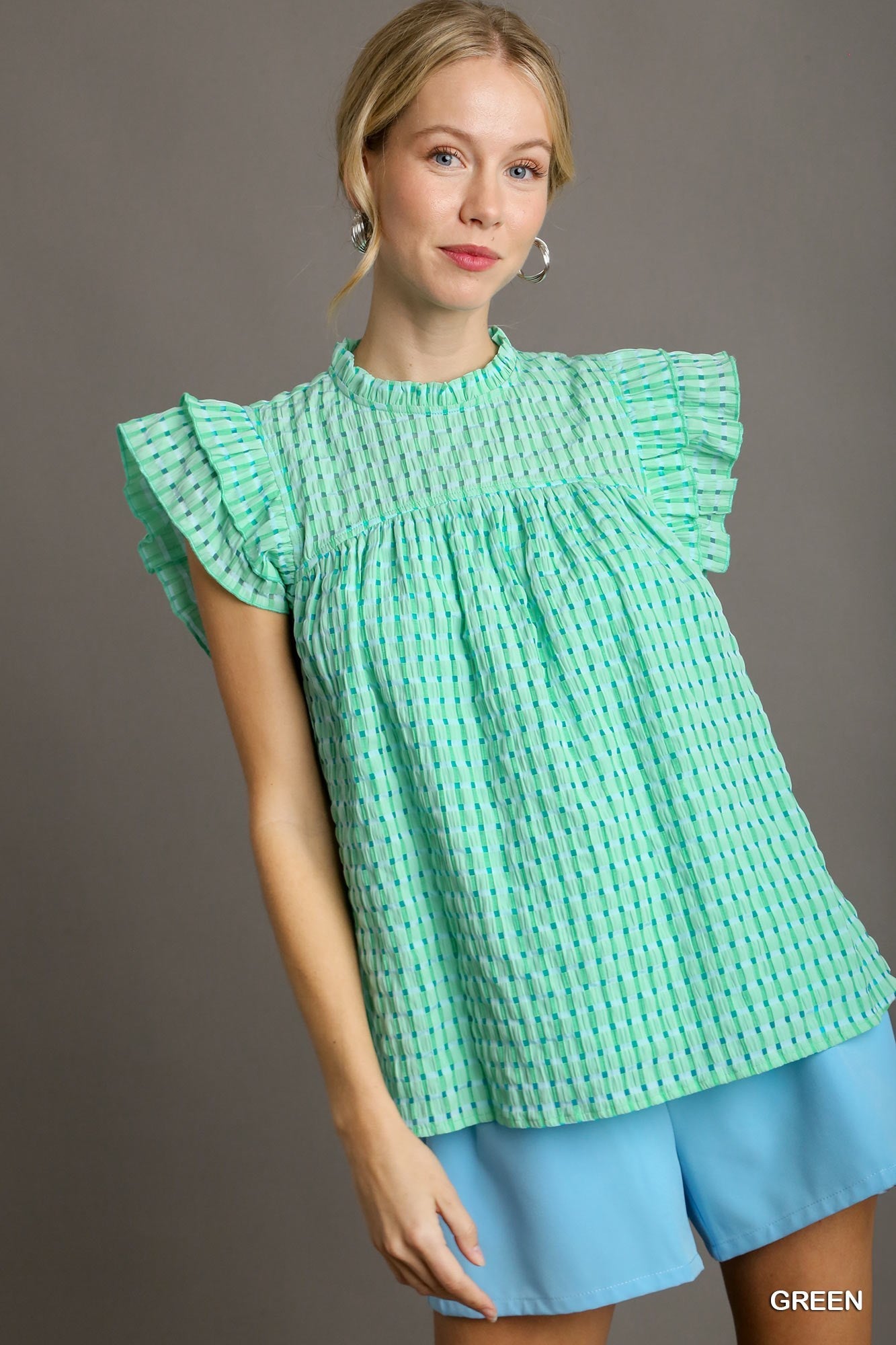 Ashley Checkered Ruffle Neck Top - Green - Be You Boutique