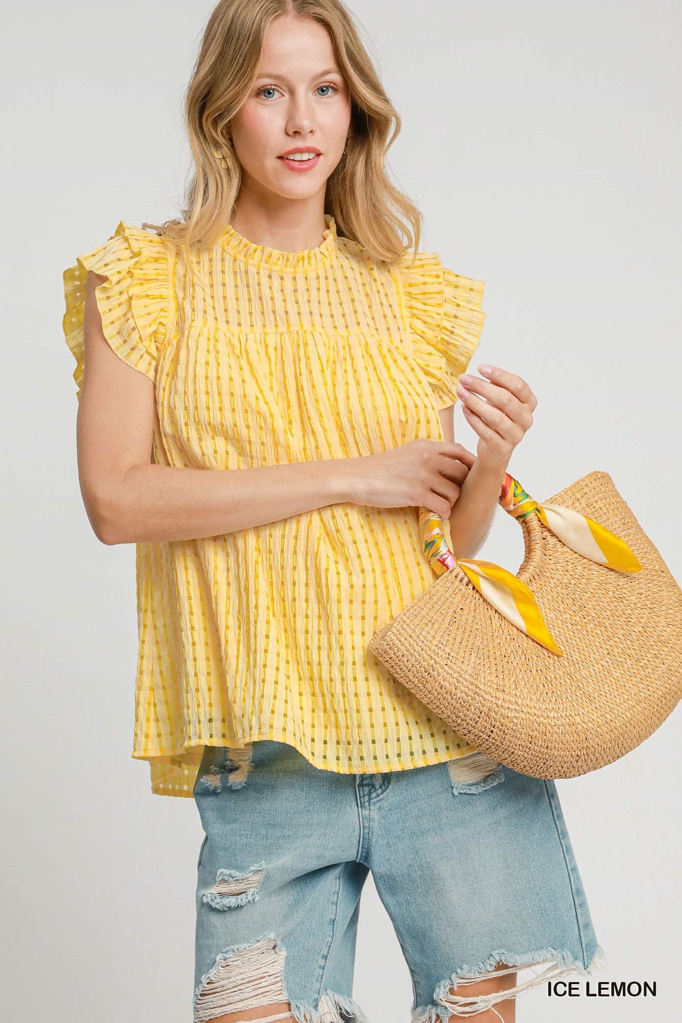 Ashley Checkered Ruffle Neck Top - Lemon - Be You Boutique