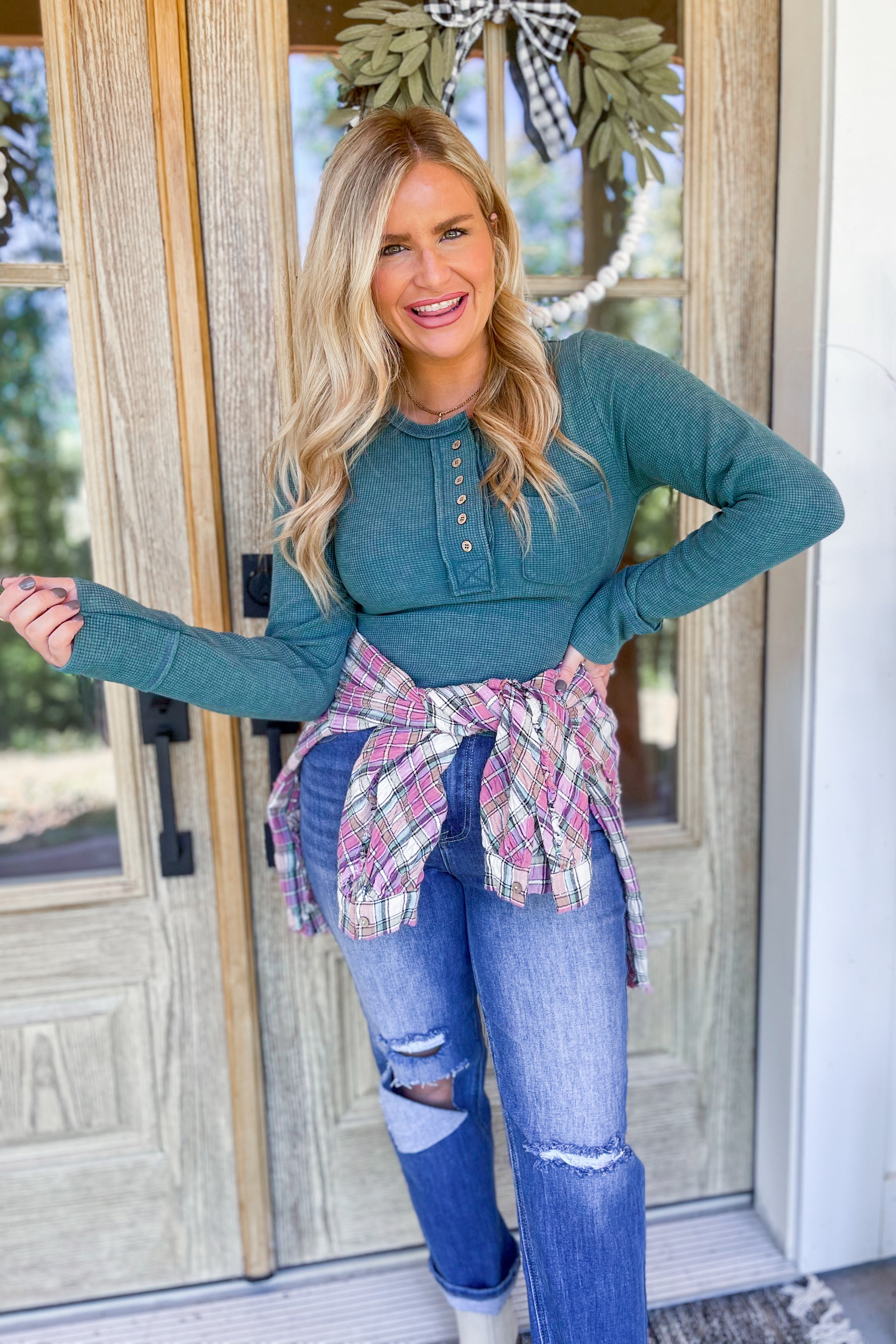 Shelby Button Down Washed Long Sleeve Waffle Knit Top - Be You Boutique