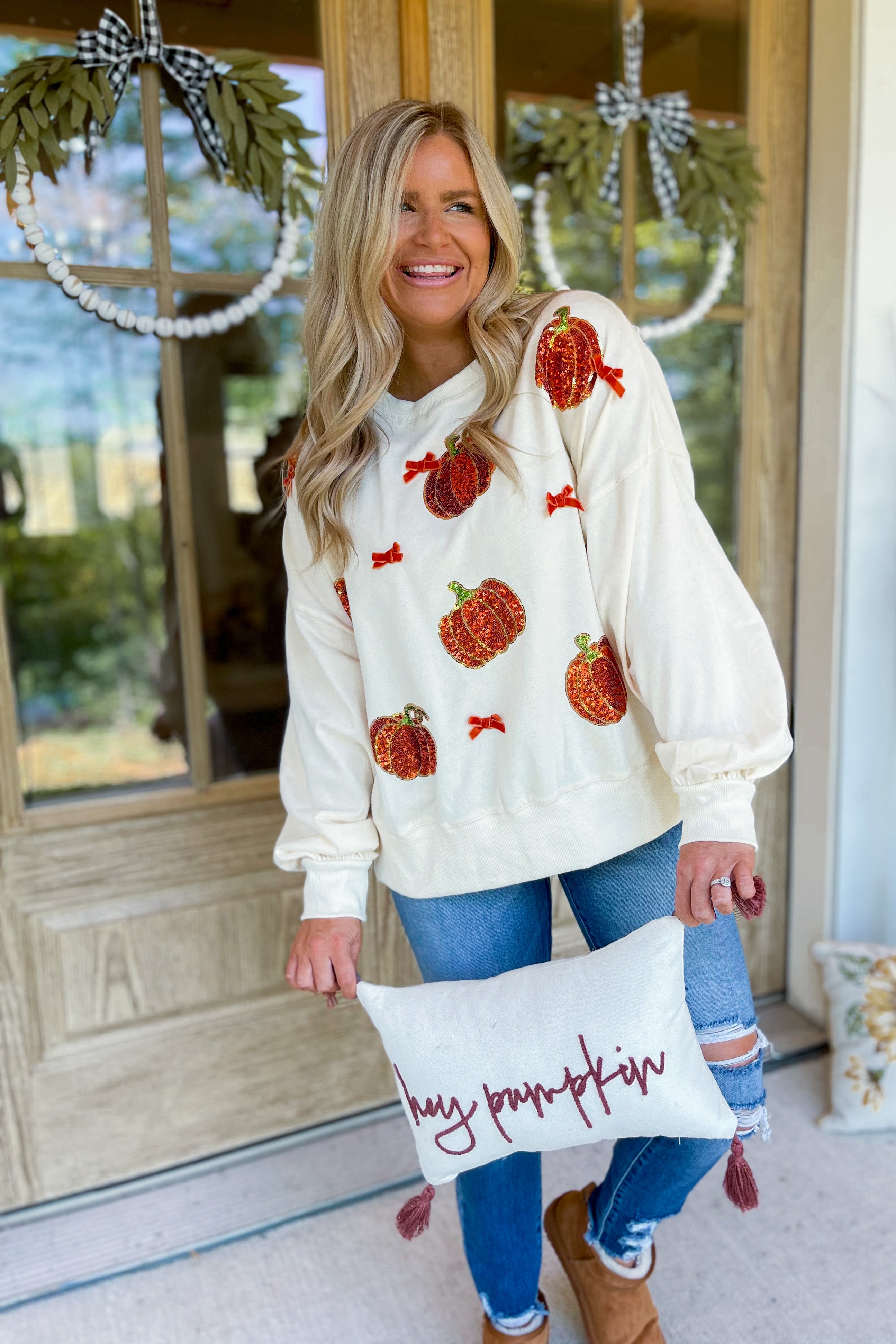 Pumpkin Sequin Embroidered Oversized Long Sleeve Sweatshirt - Be You Boutique