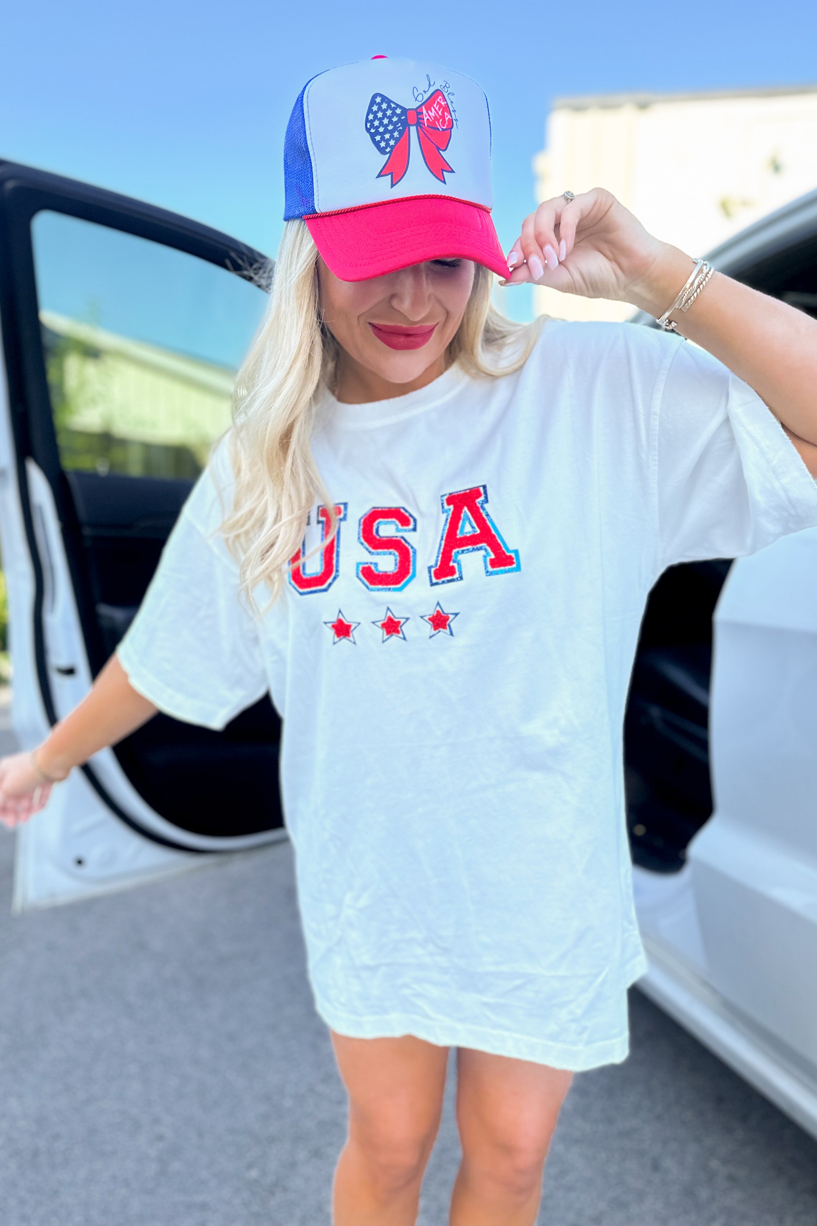 USA Stars Glitter Patch Short Sleeve Graphic Tee - Be You Boutique