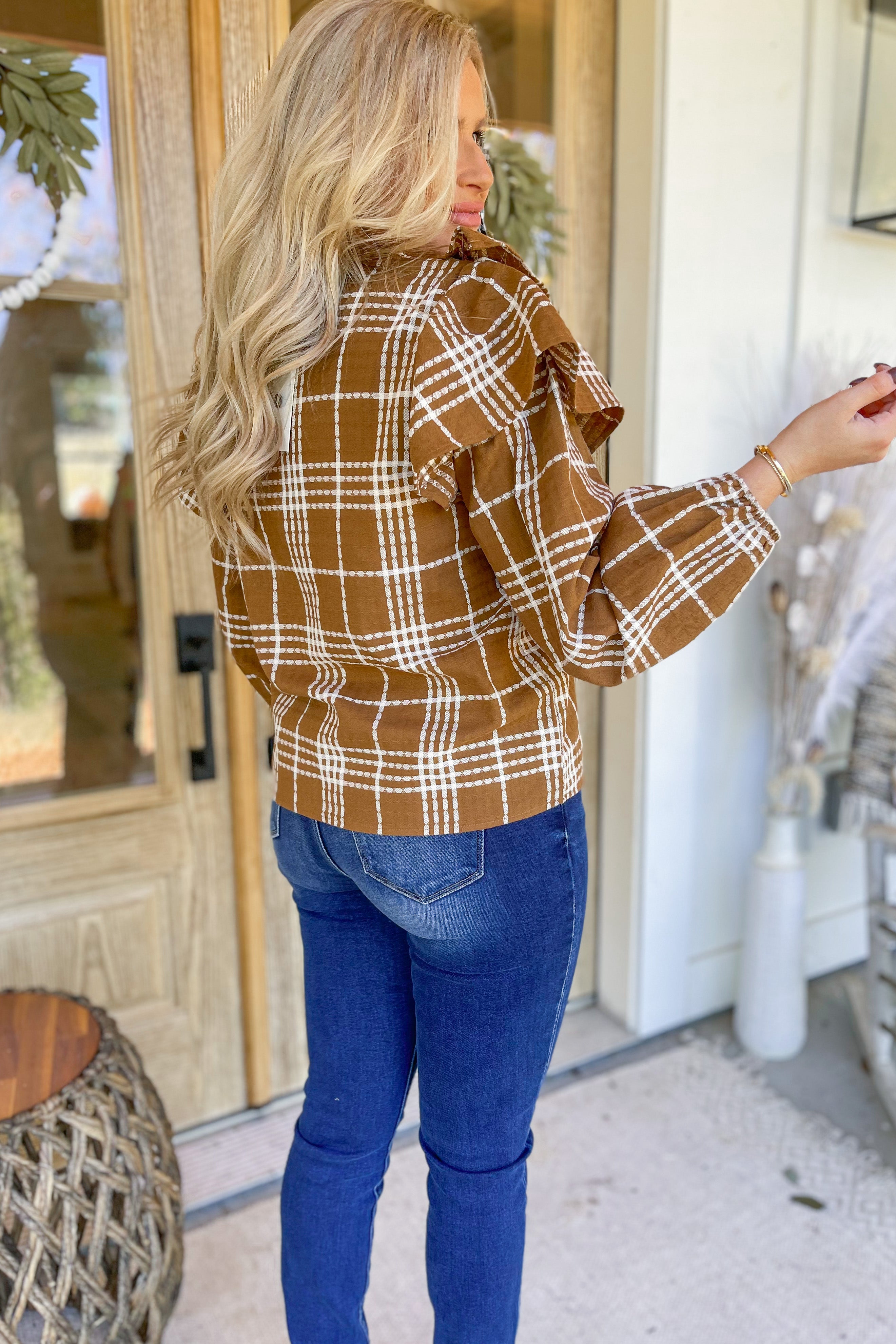 Geri Plaid Half Button Up Long Sleeve Ruffled Blouse Top - Be You Boutique