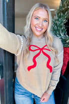 Sweet Bow Long Sleeve Sweater Top with Ribbon Stitch Detail - Be You Boutique