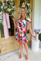 Della Short Sleeve Square Neck Colorful Dress - Be You Boutique