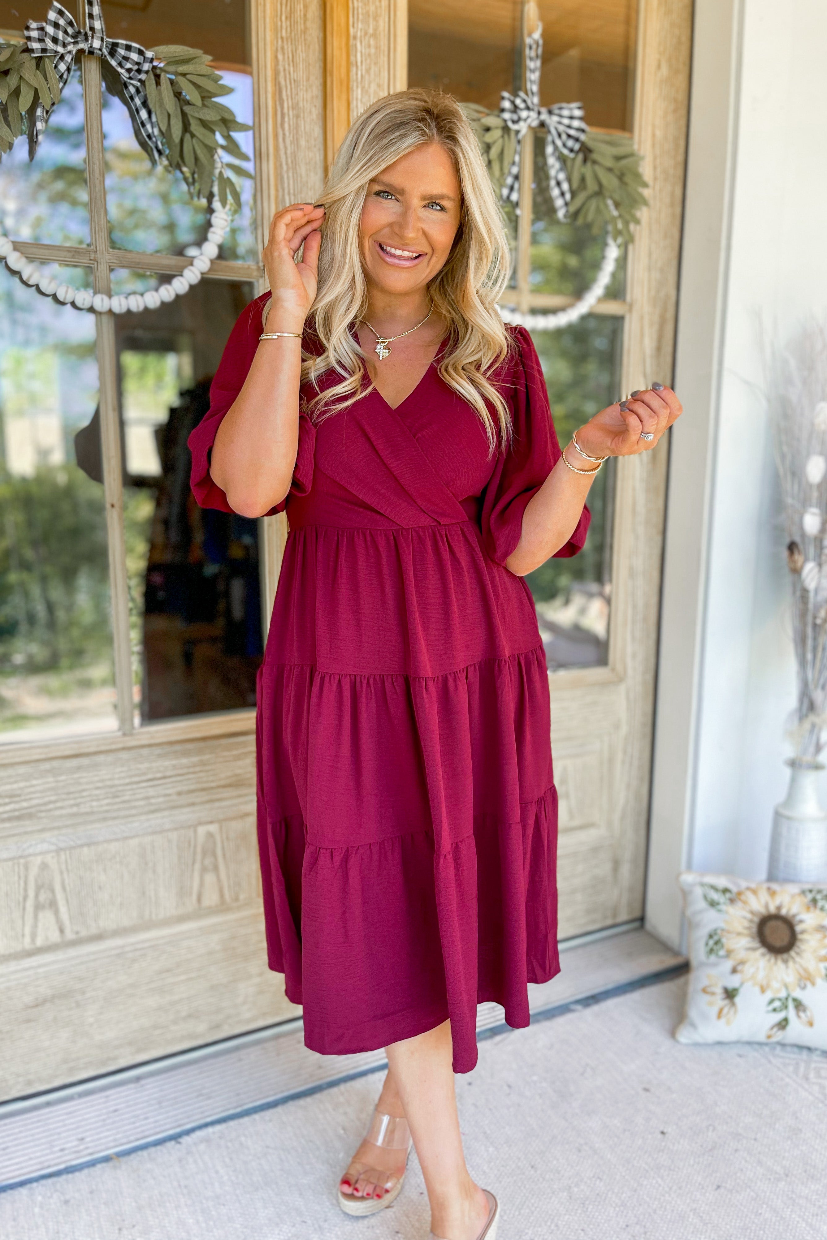 Beulah Balloon Sleeve Tiered Wrap Midi Dress - Be You Boutique