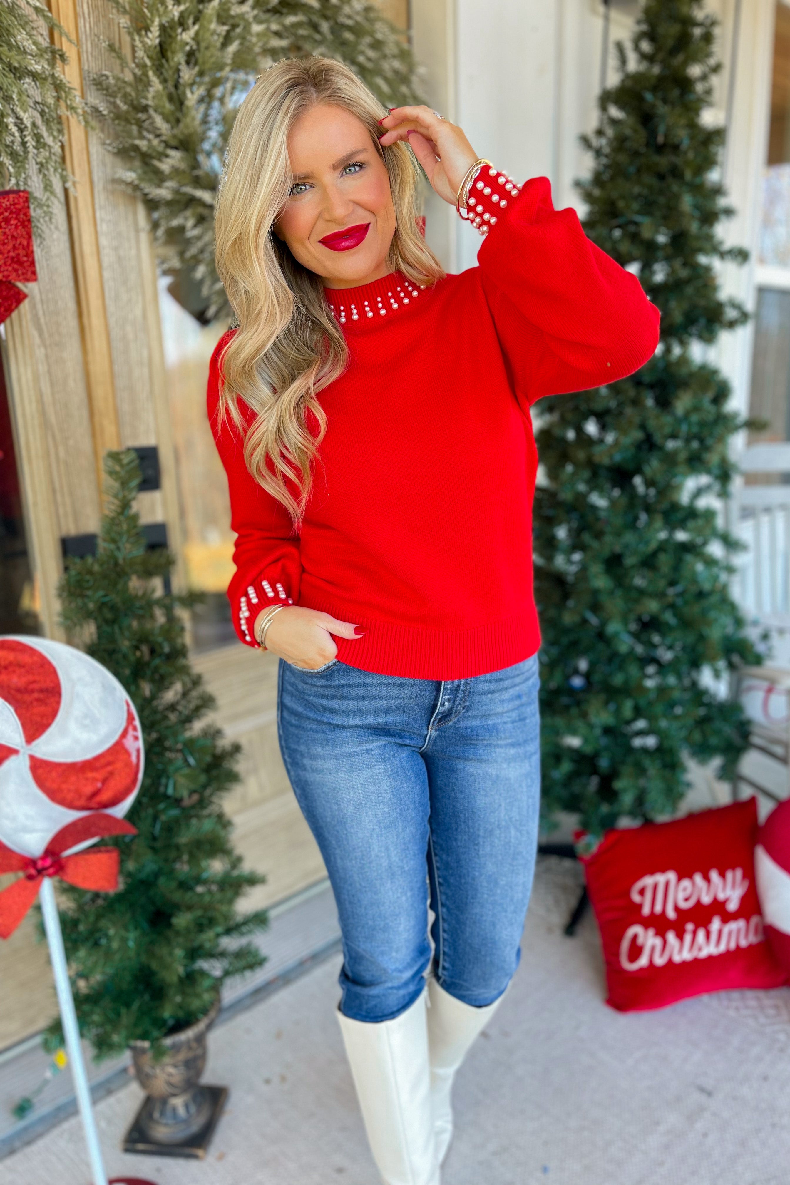 Pearl Detail Mock Neck Long Sleeve Sweater - Be You Boutique