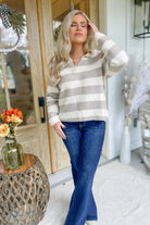 Stringer Notch Neck Collared Long Sleeve Stripe Sweater [S-3X] - Be You Boutique