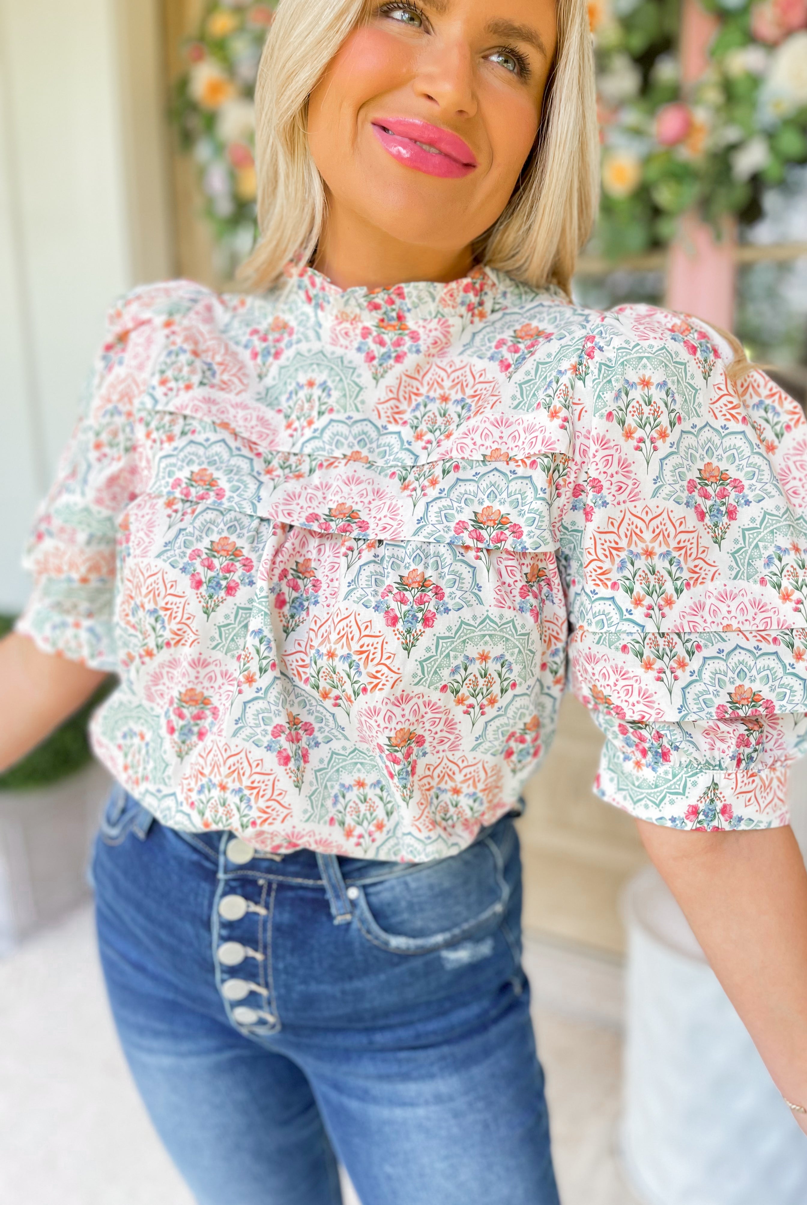 Kira High Neck Half Sleeve Floral Print Top - Be You Boutique