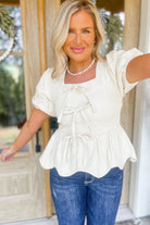 Heather Square Neck Puff Sleeve Peplum Top - Be You Boutique