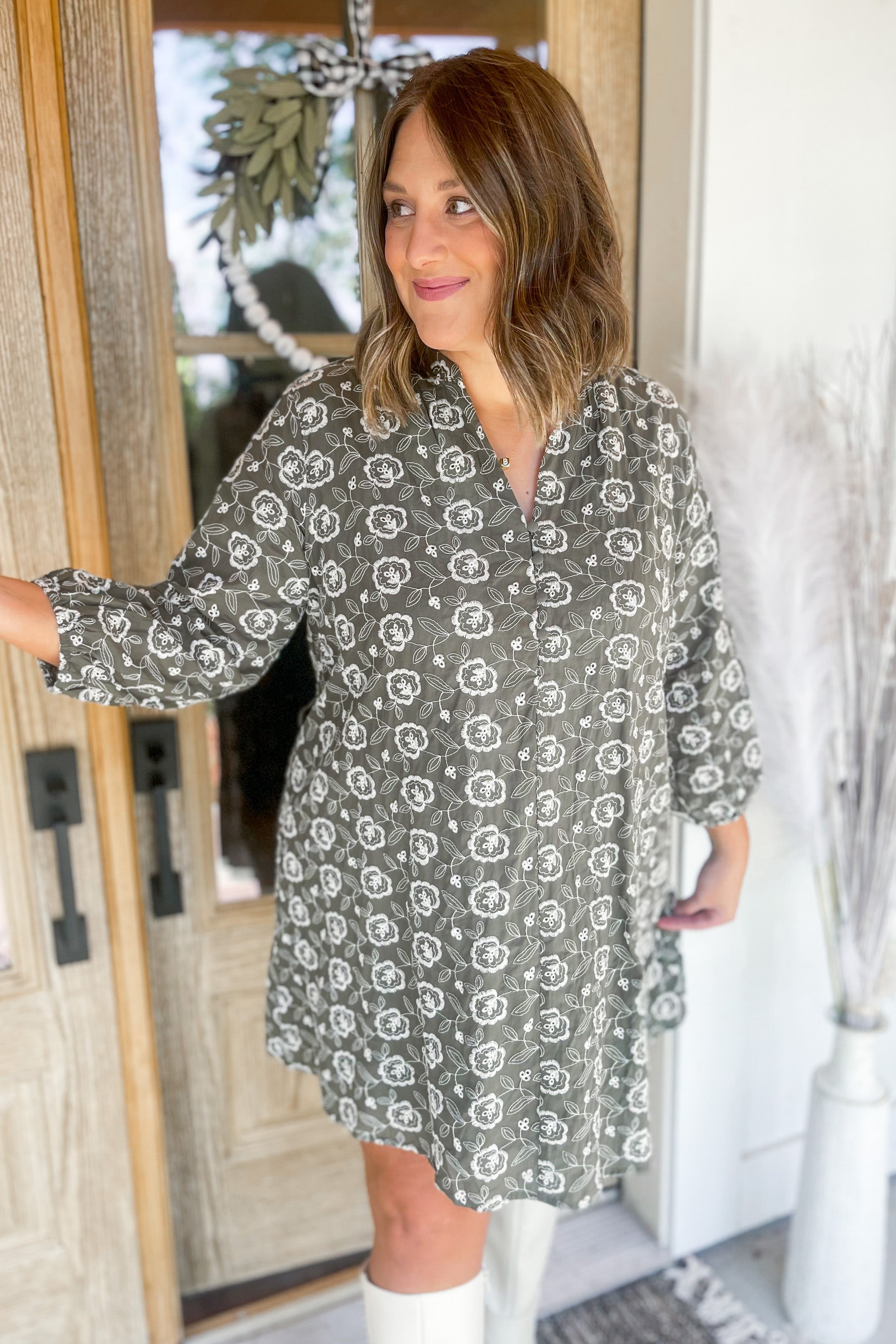 Maggie Printed 3/4 Sleeve V Neck Button Up Dress - Be You Boutique