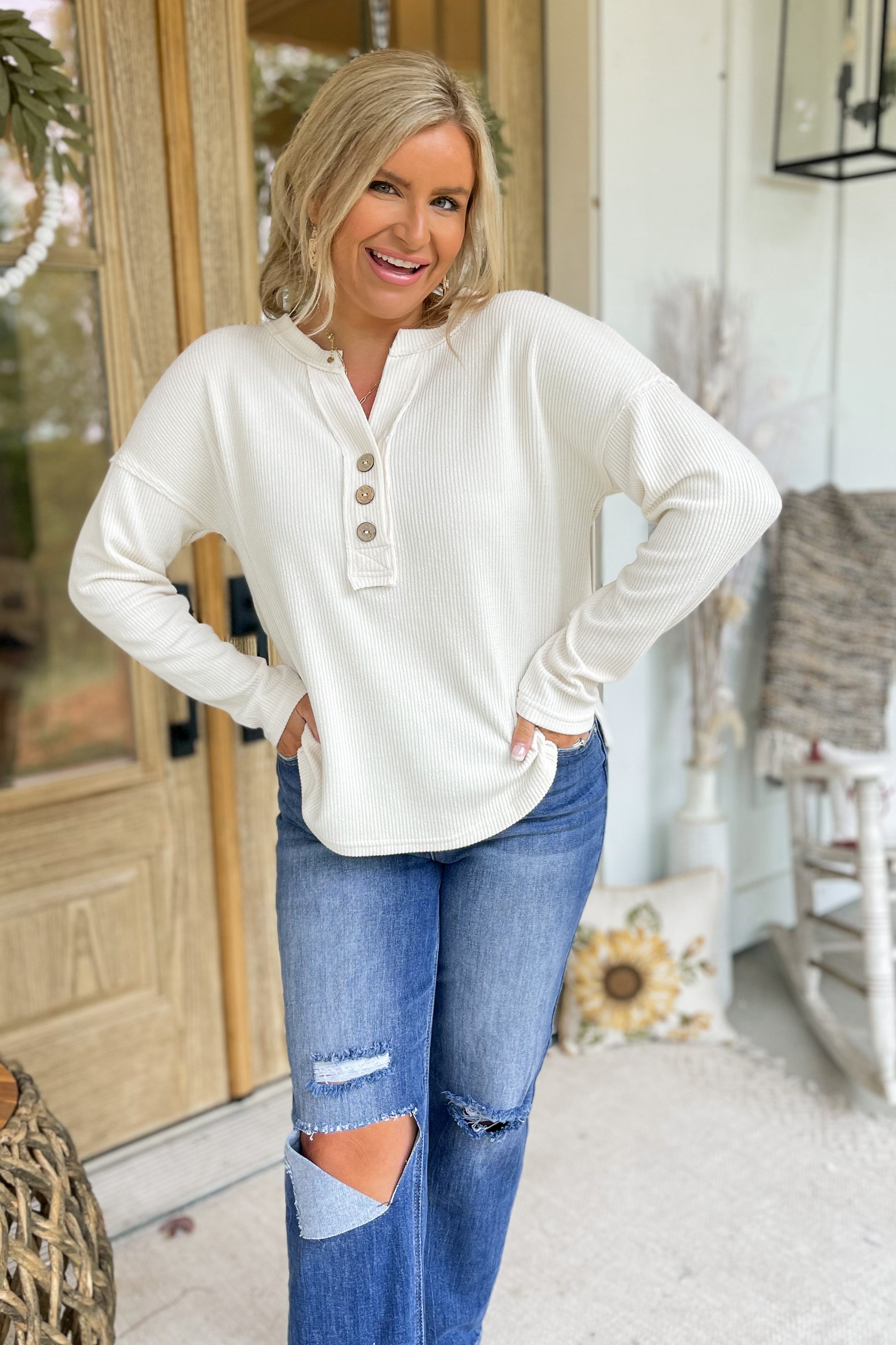 Elijah V Neck Half Button Long Sleeve Henley Top - Be You Boutique