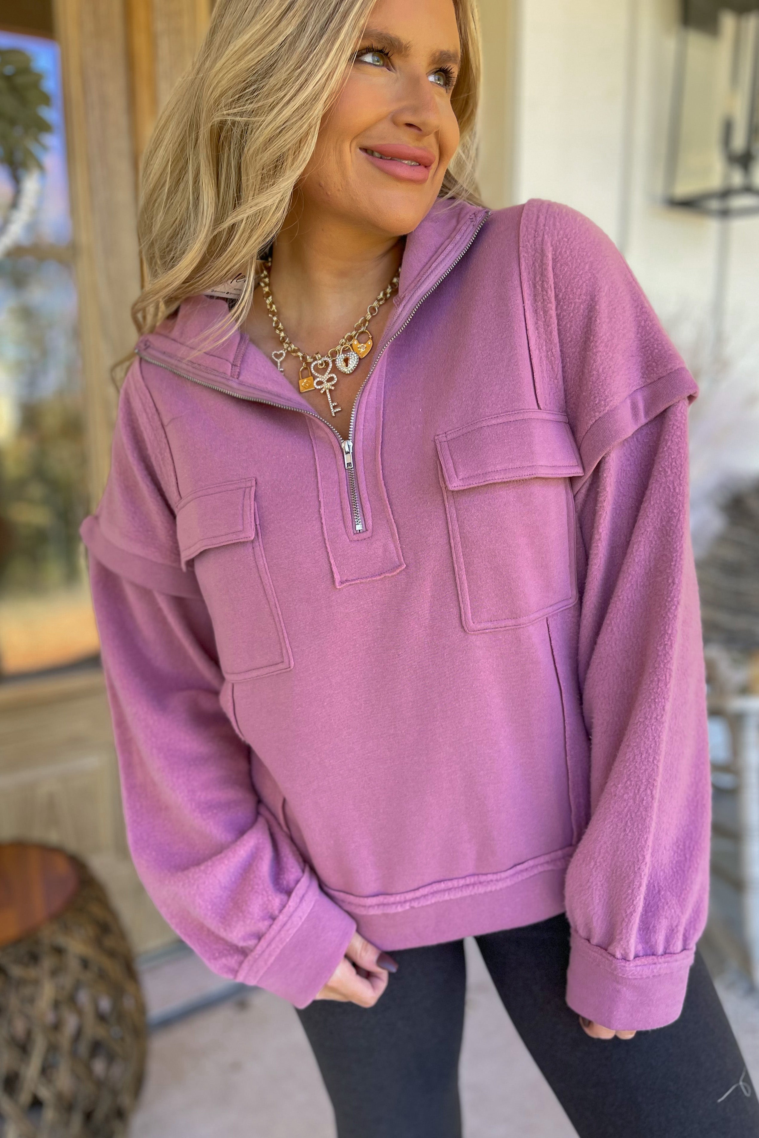 Maude Mock Neck Henley Oversized Sweatshirt Top - Be You Boutique