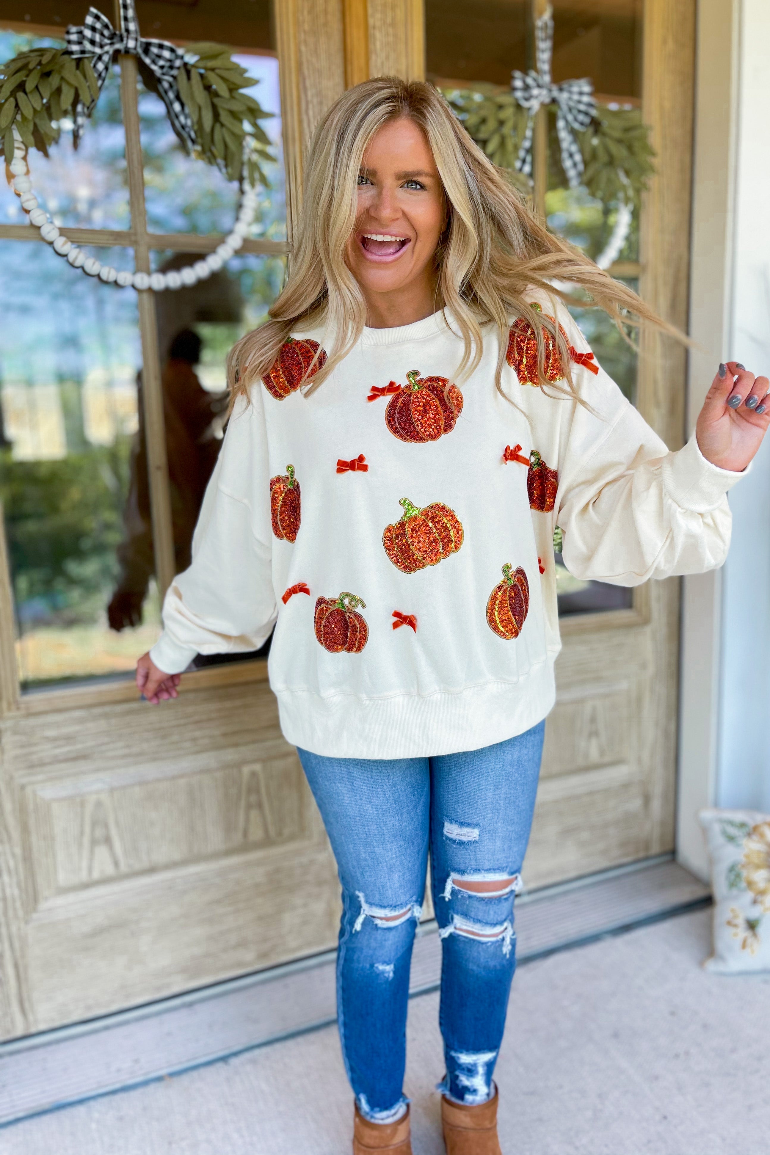 Pumpkin Sequin Embroidered Oversized Long Sleeve Sweatshirt - Be You Boutique