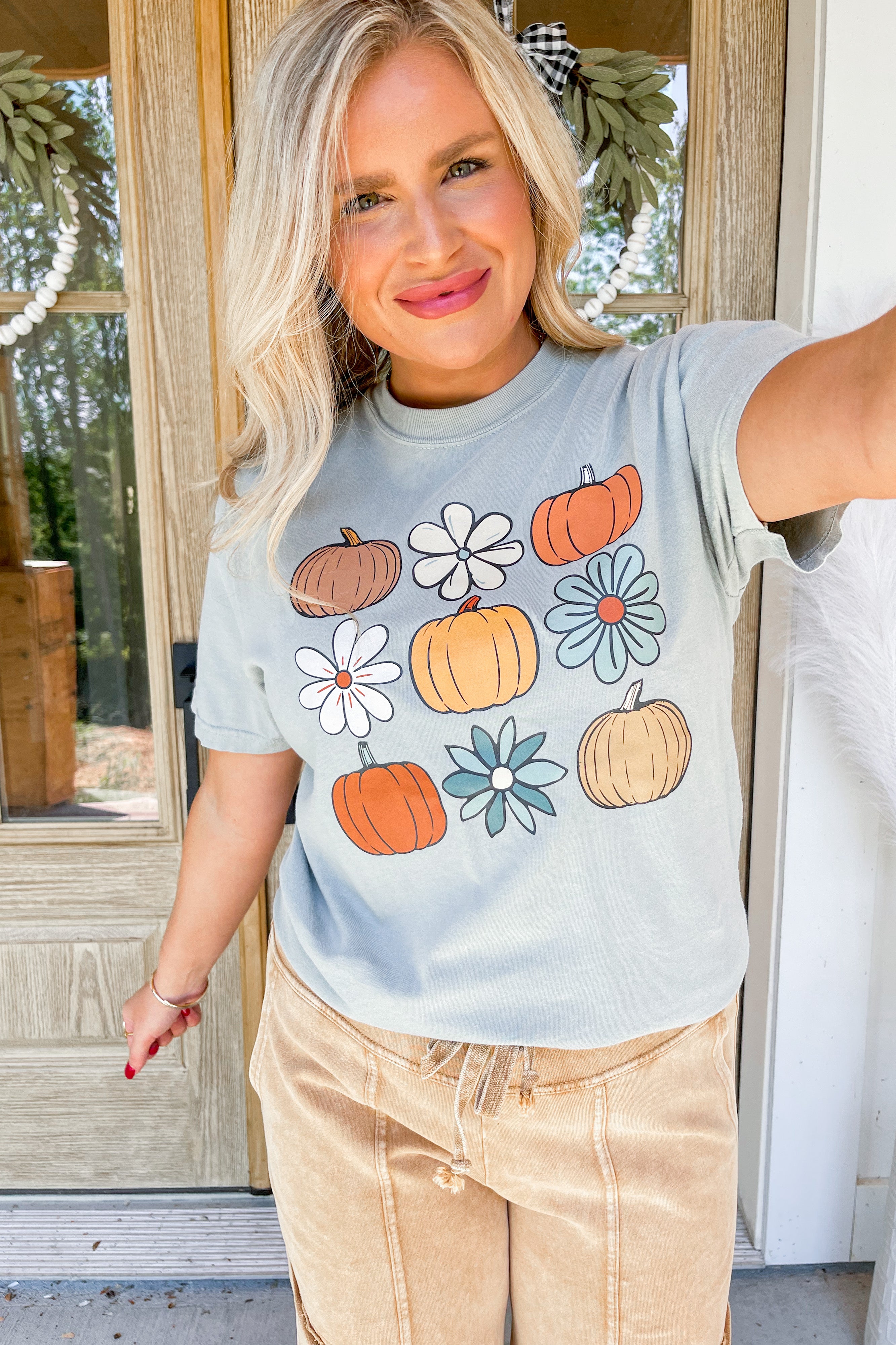 Fall Fun Pumpkin and Flower Short Sleeve Graphic Tee - Be You Boutique