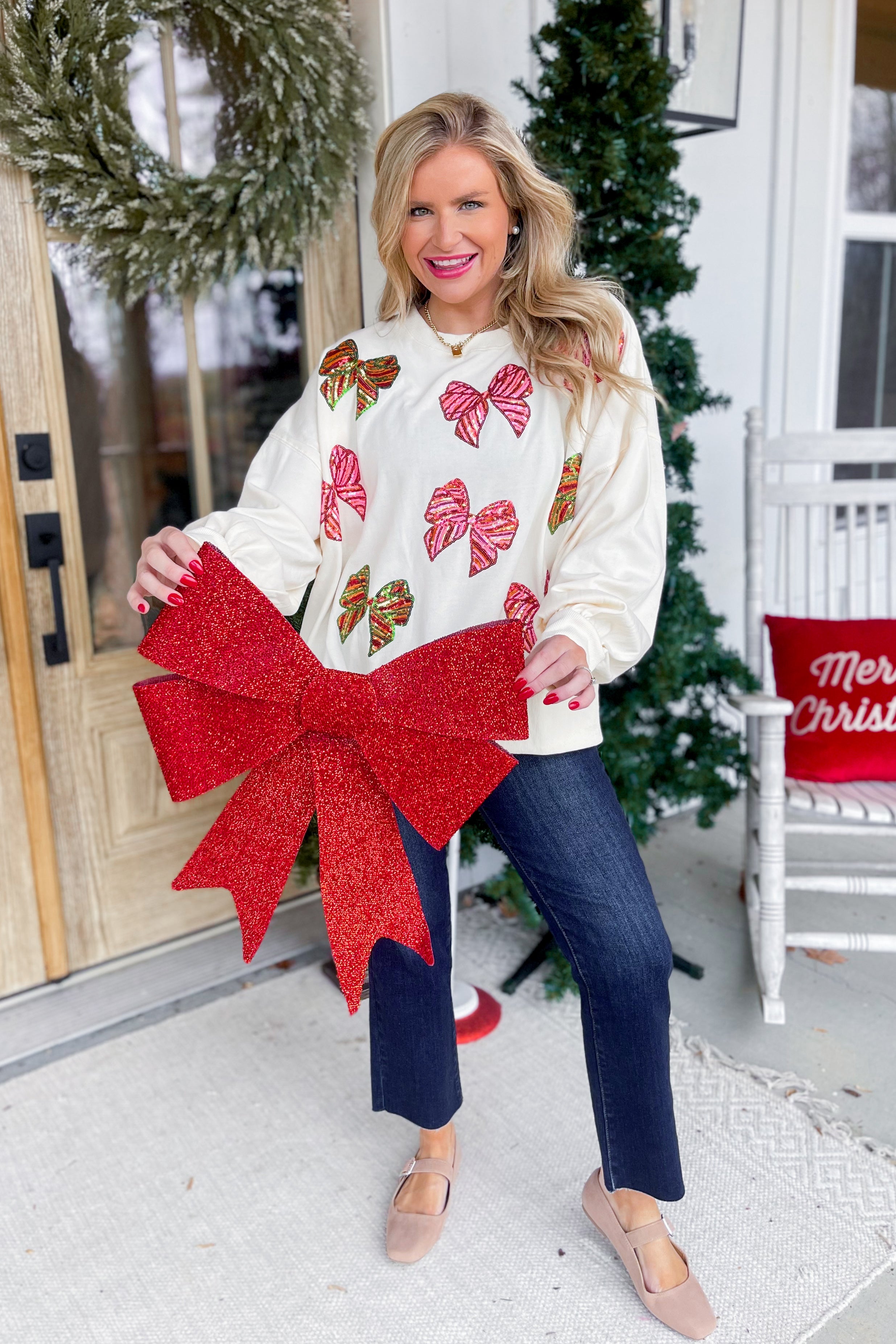 Christmas Sequin Bow Embroidered Oversize Sweatshirt - Be You Boutique