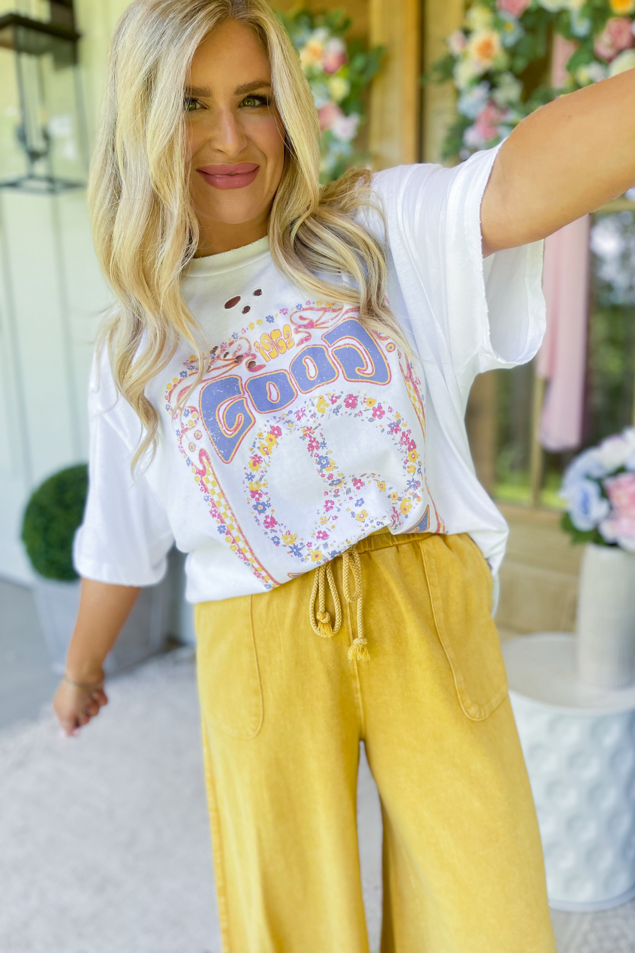 Good Vibes Floral Peace Oversized Short Sleeve Graphic Tee - Be You Boutique