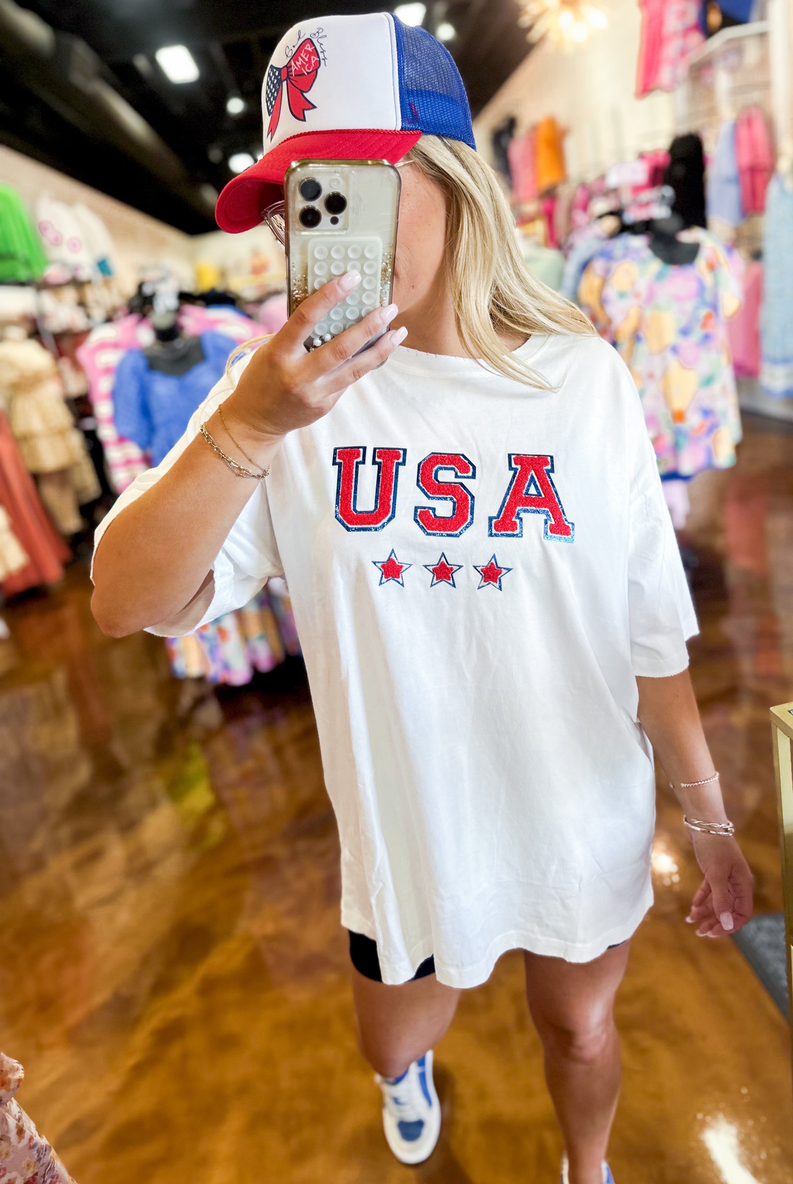 USA Stars Glitter Patch Short Sleeve Graphic Tee - Be You Boutique