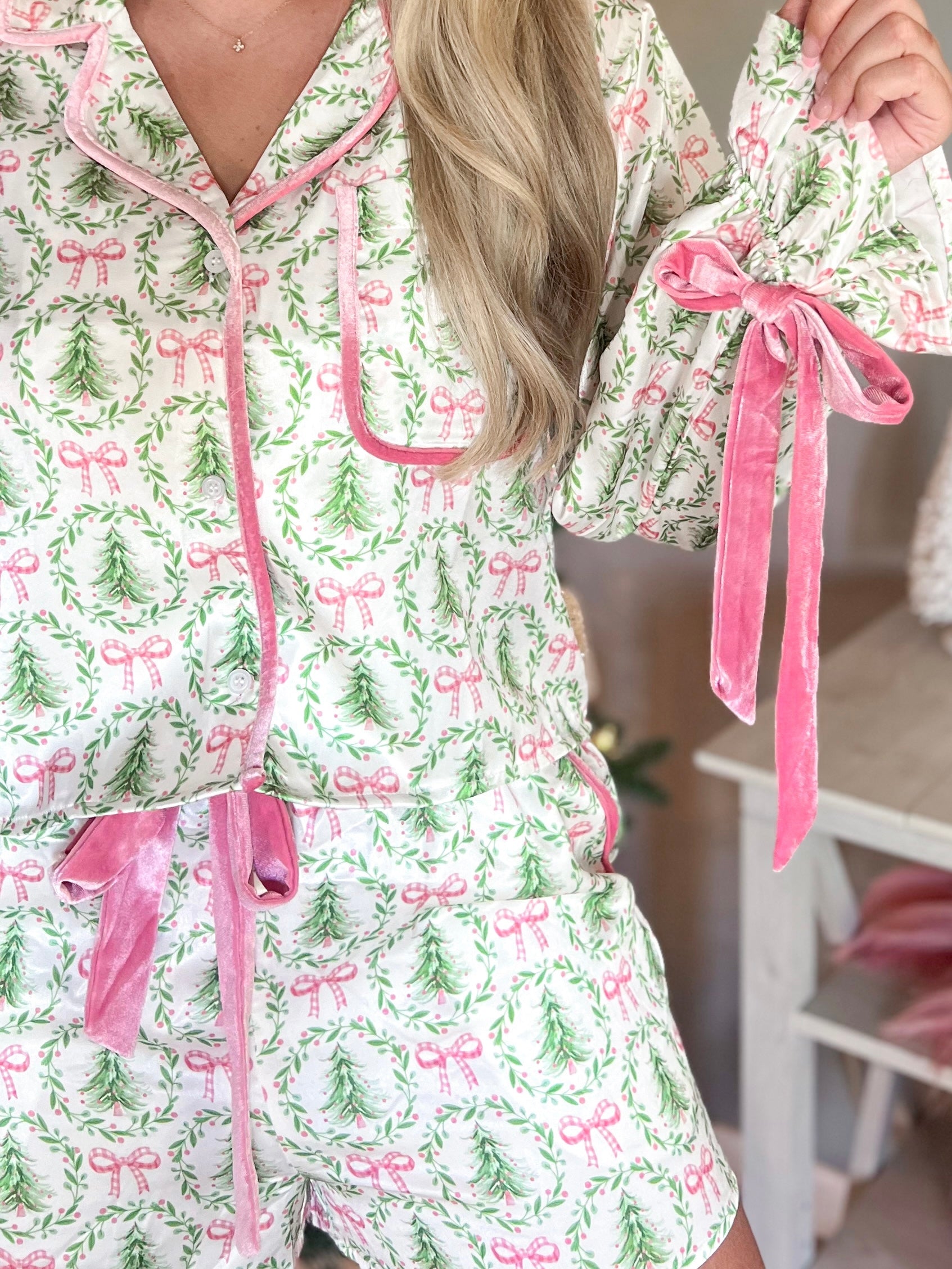 Satin Christmas Tree and Bow Pajama Set - Be You Boutique