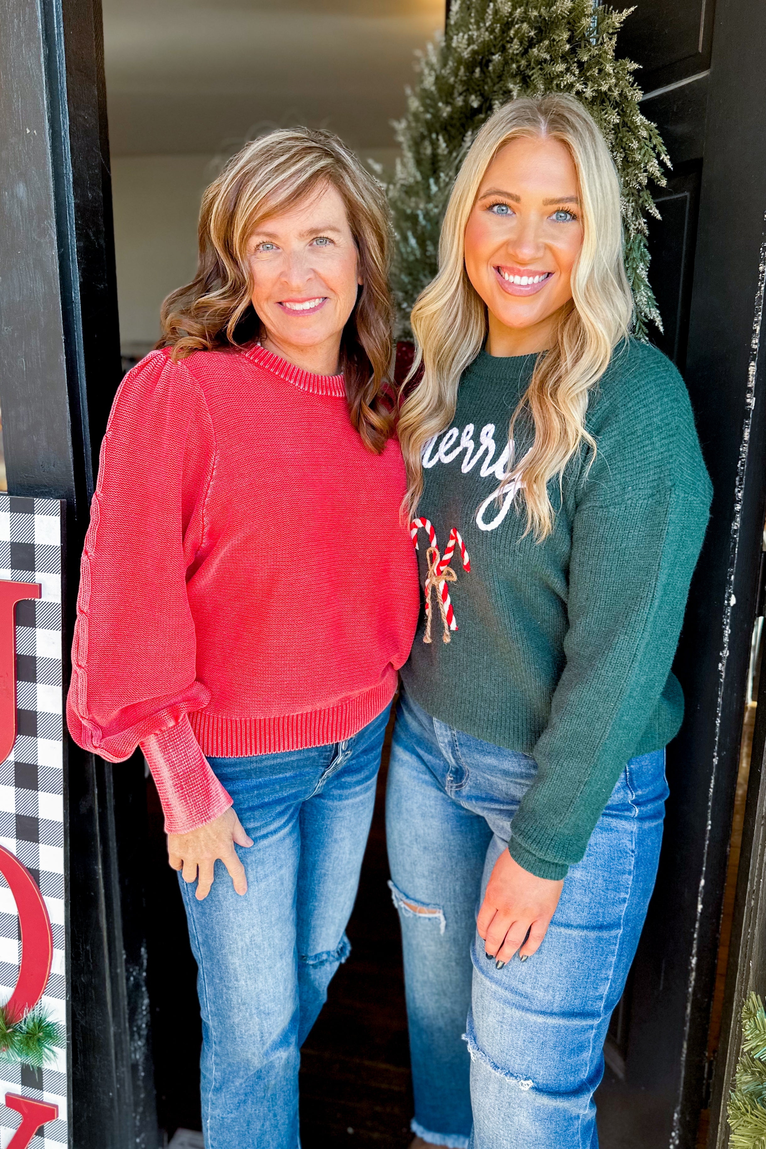 "Merry" Embroidered Long Sleeve Candy Cane Holiday Sweater - Be You Boutique