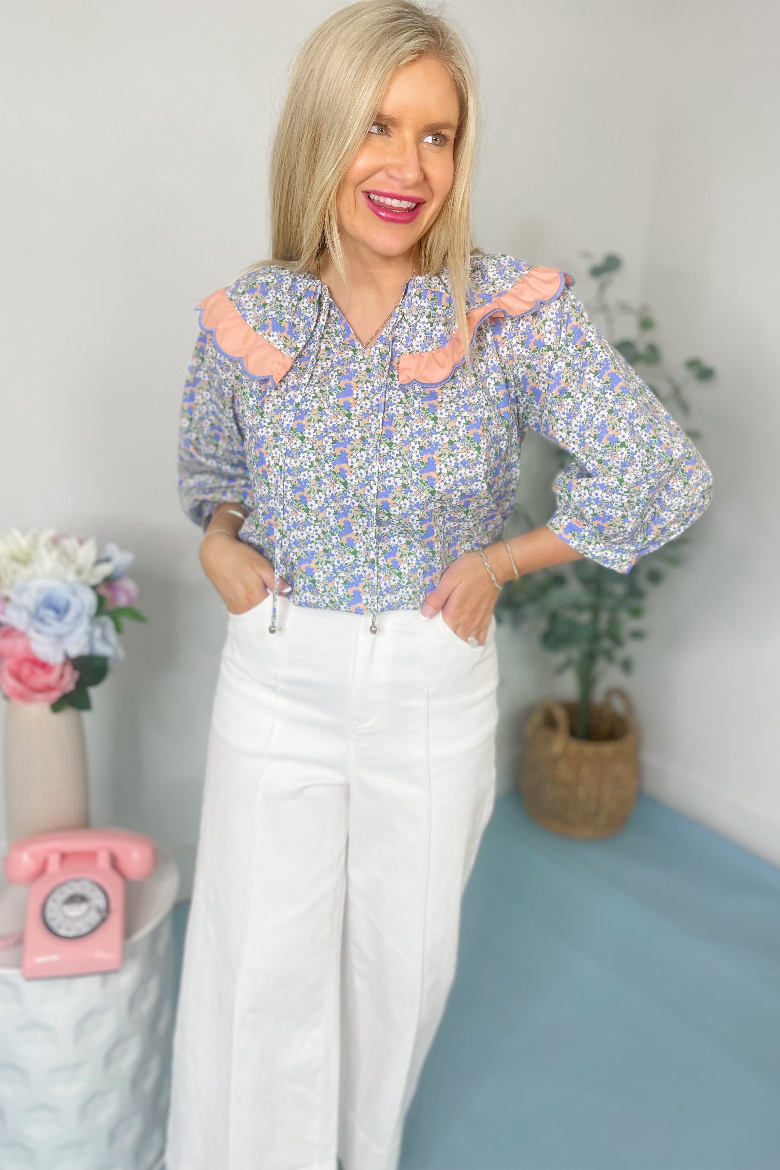 Susan Scallop Embroidered Ruffle Top - Be You Boutique