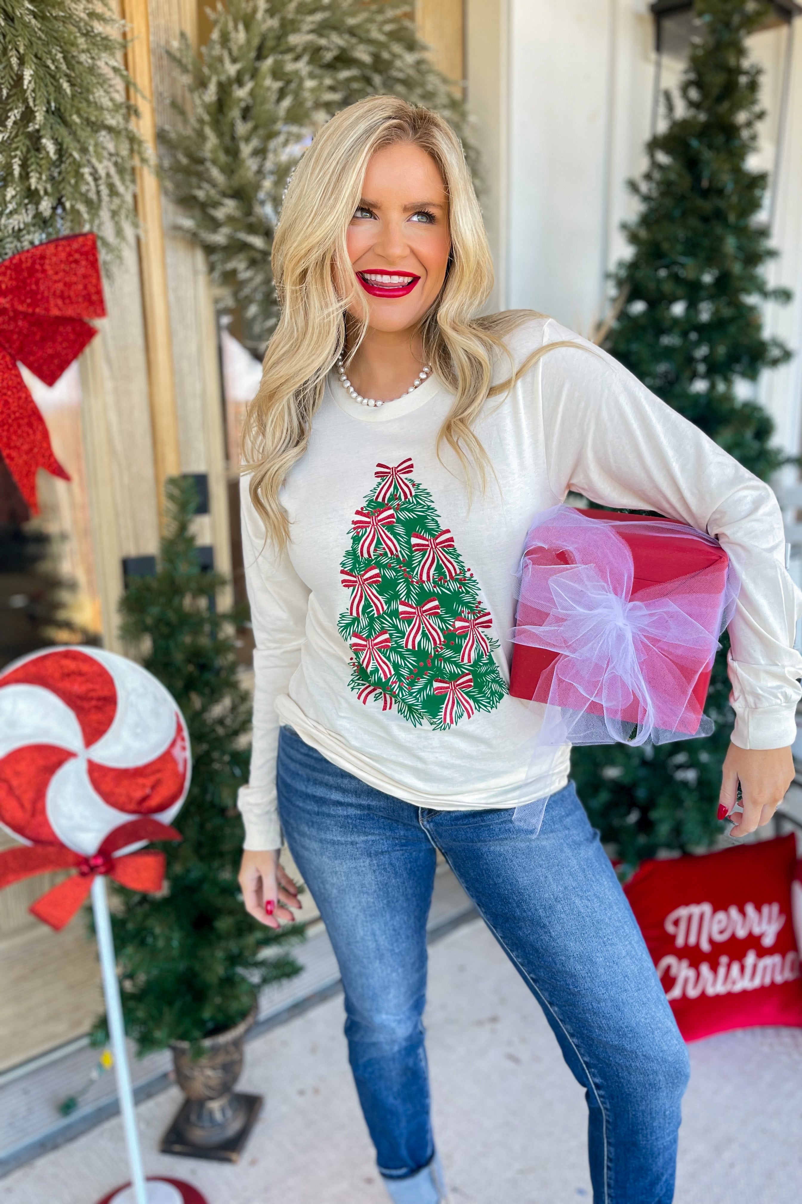 Christmas Tree Bow Long Sleeve Graphic Tee - Be You Boutique