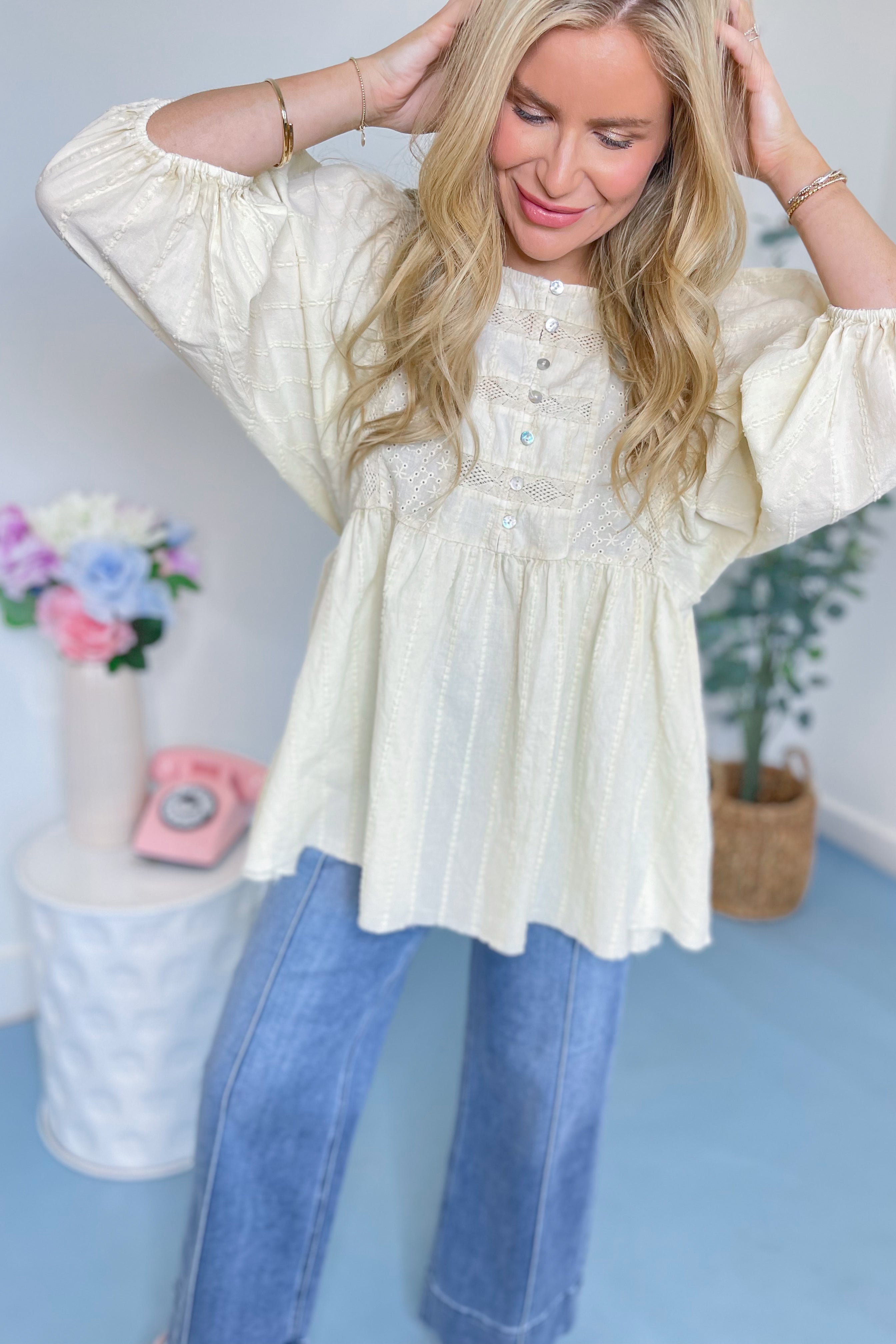 Morgan Mineral Washed Eyelet Lace Babydoll Tunic Top - Be You Boutique