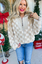 Mallory Corduroy Contrast Checker Sherpa Zip Up Jacket - Be You Boutique