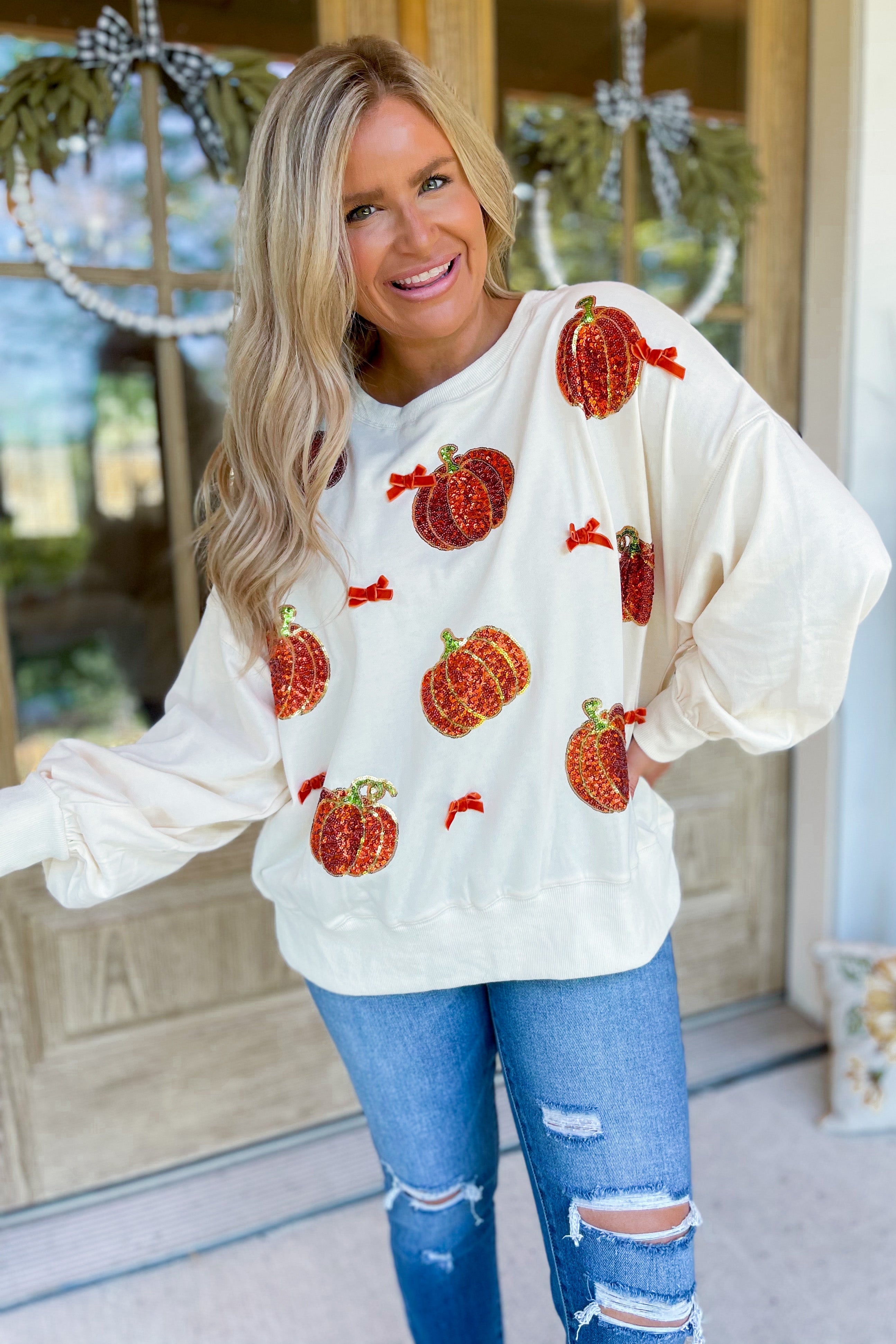 Pumpkin Sequin Embroidered Oversized Long Sleeve Sweatshirt - Be You Boutique