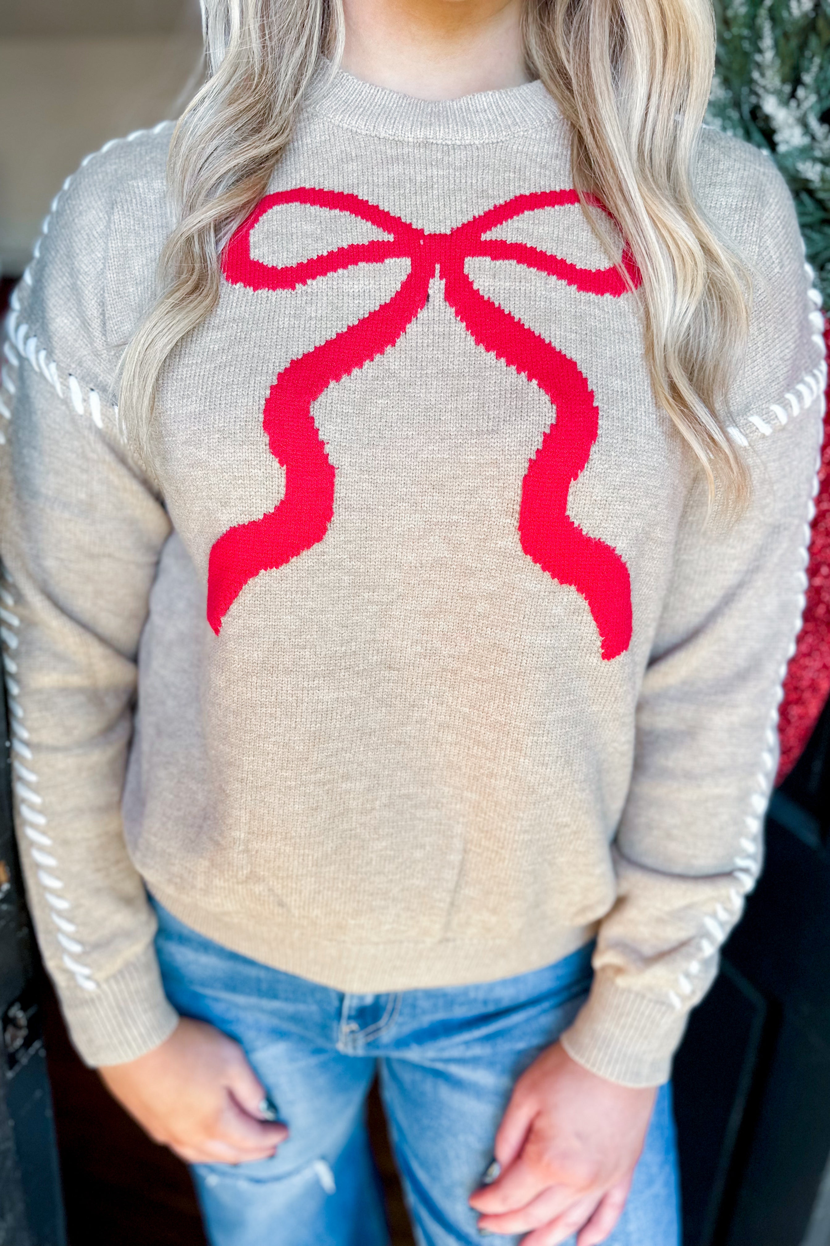 Sweet Bow Long Sleeve Sweater Top with Ribbon Stitch Detail - Be You Boutique