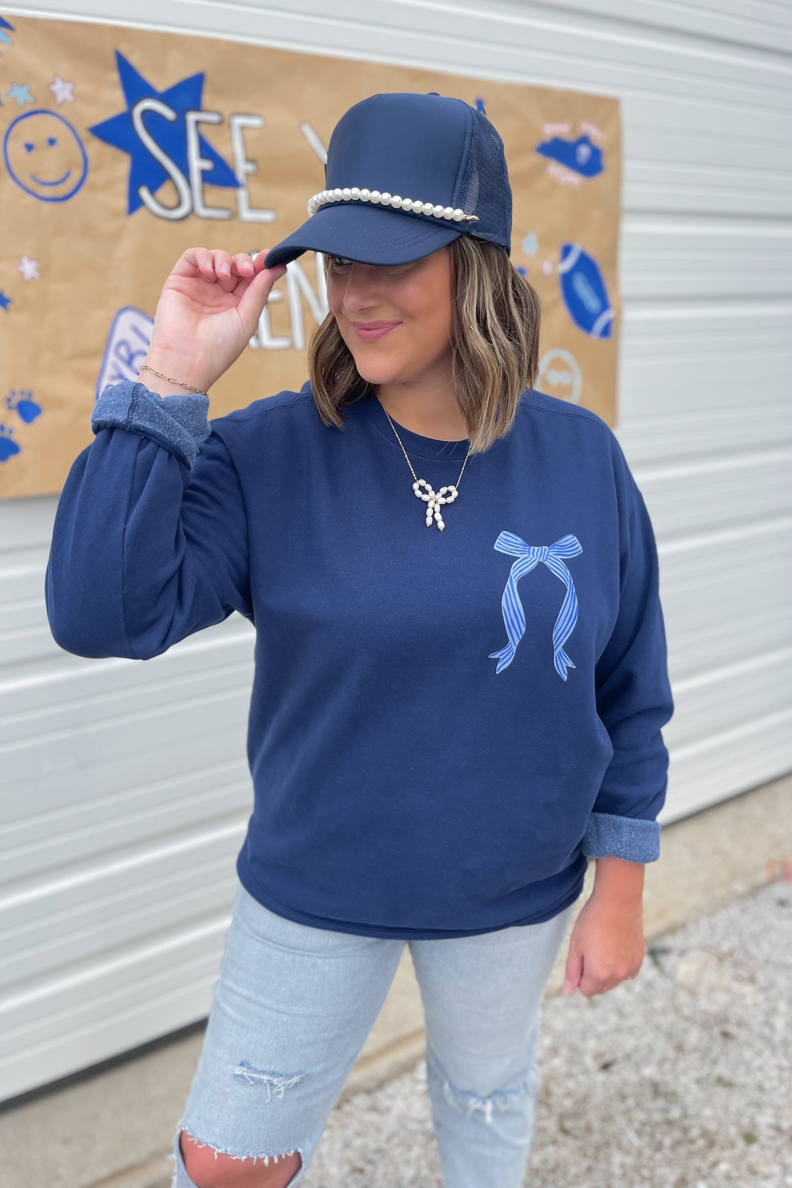 Kentucky Navy Bow Long Sleeve Comfort Colors Graphic Sweatshirt - Be You Boutique