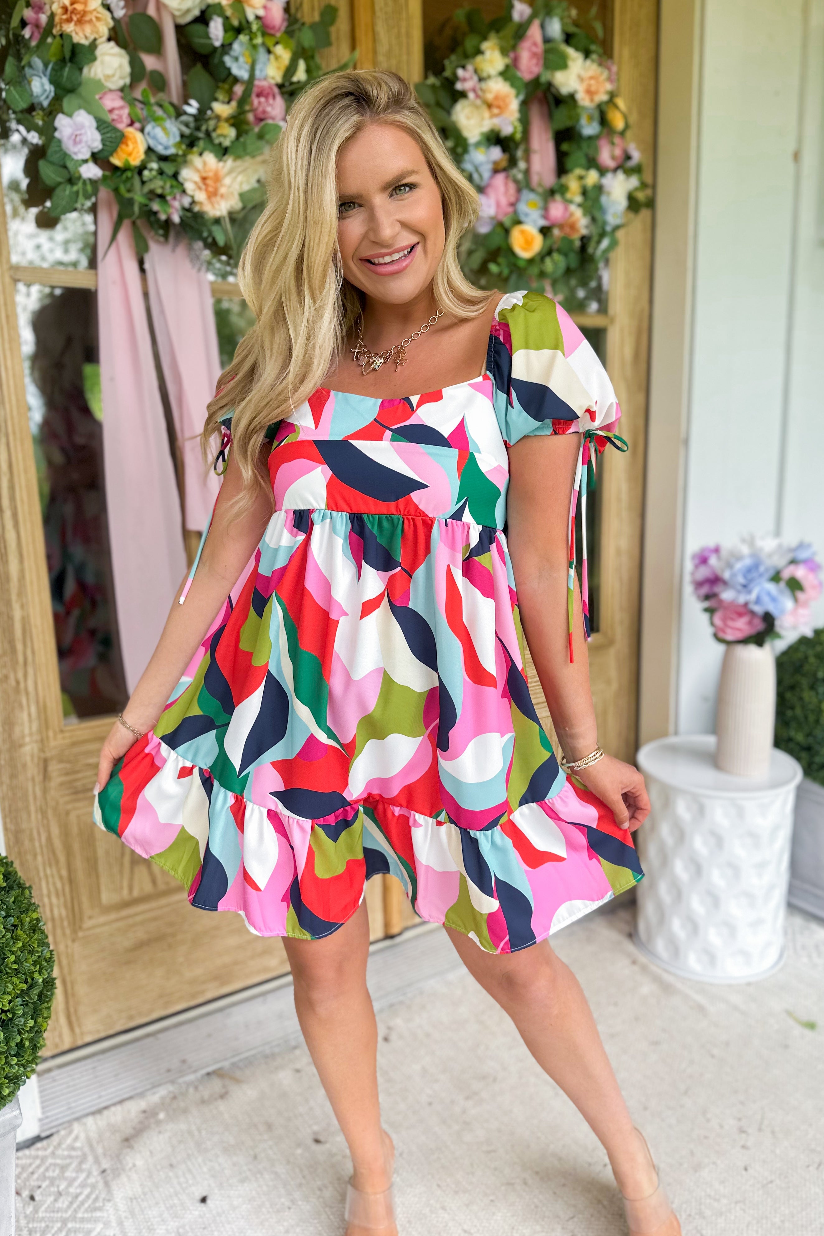 Della Short Sleeve Square Neck Colorful Dress - Be You Boutique