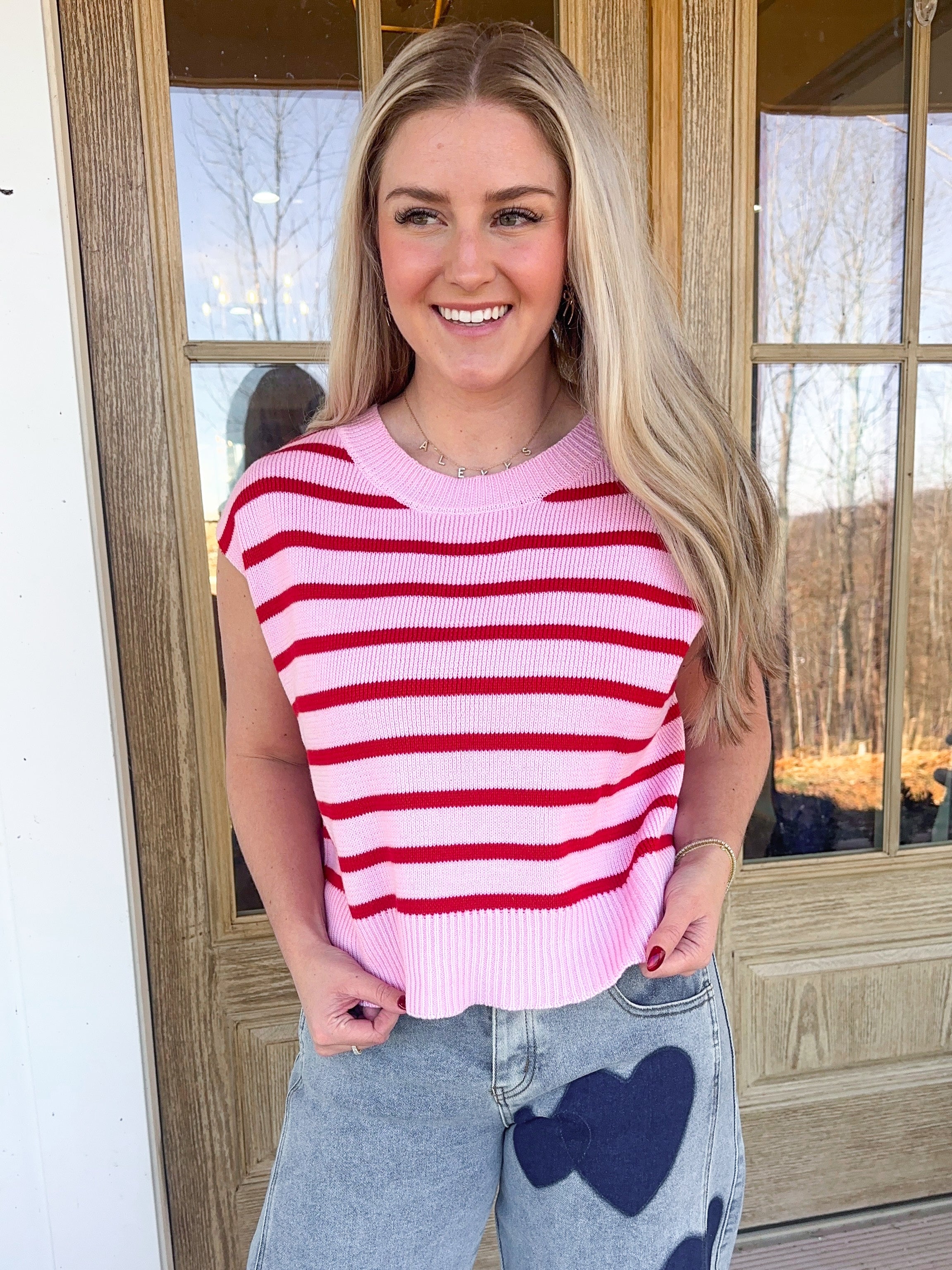 Lisa Stripe Print Round Neck Short Sleeve Knit Sweater Top - Be You Boutique