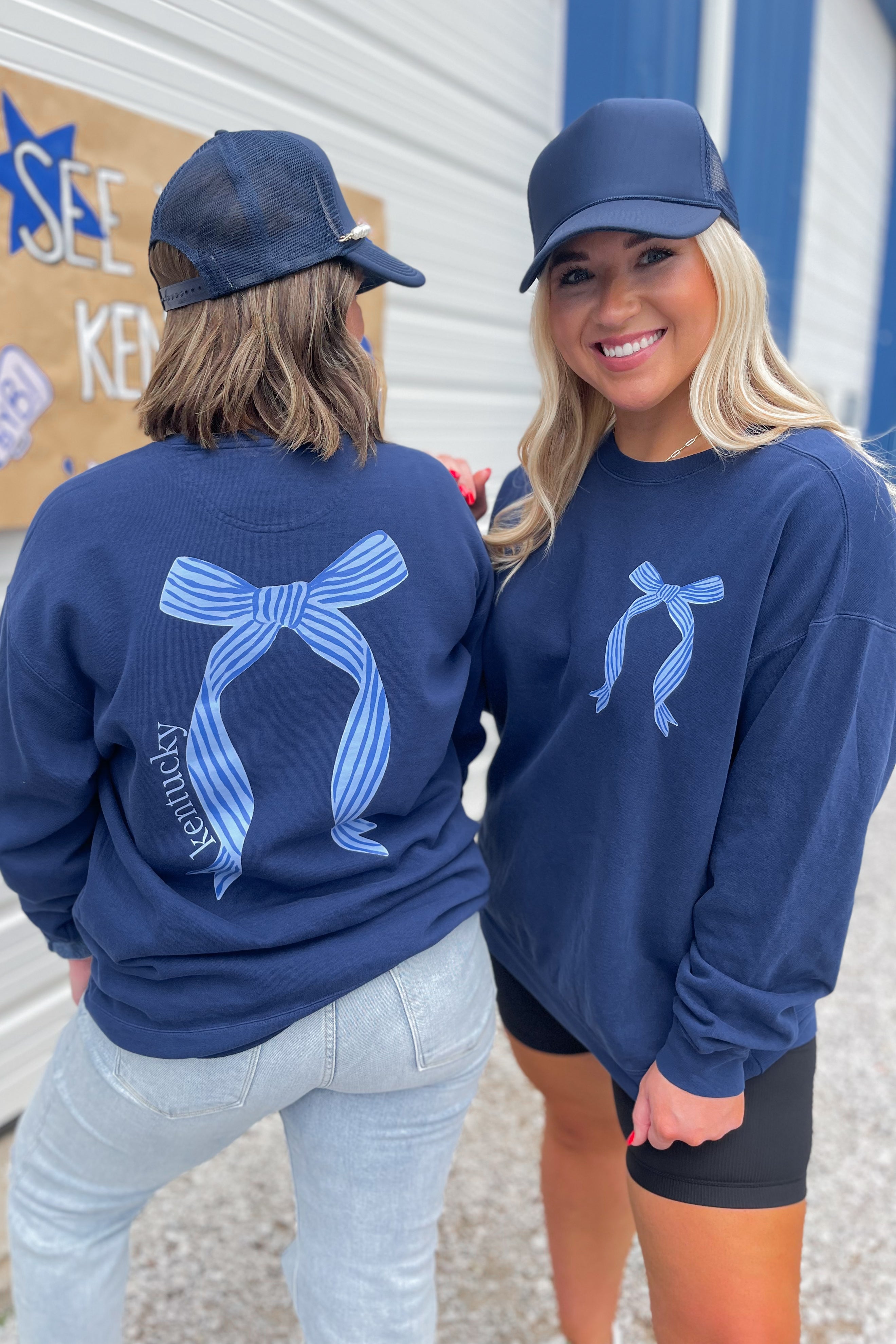 Kentucky Navy Bow Long Sleeve Comfort Colors Graphic Sweatshirt - Be You Boutique